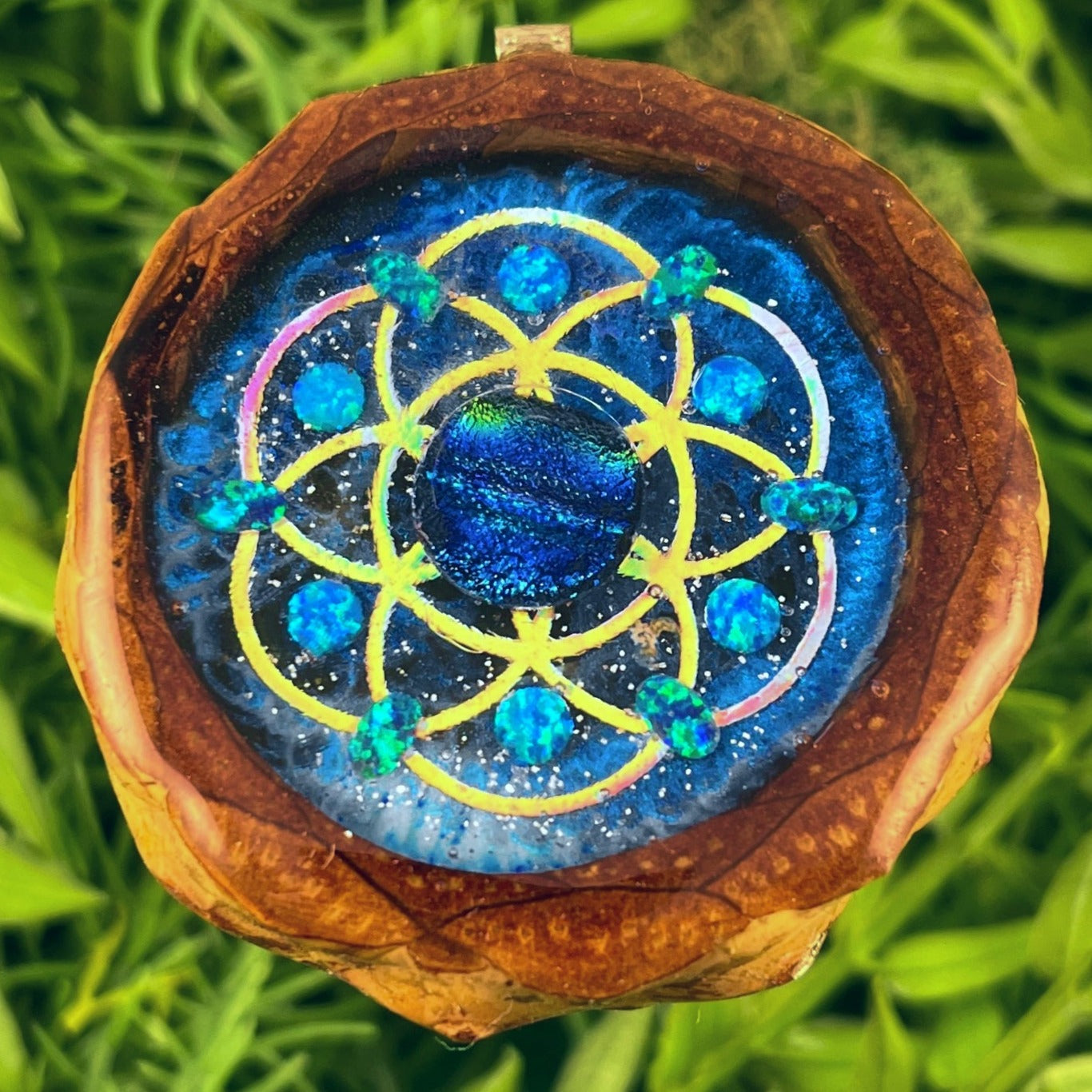 Galaxy with Dichroic Glass with Opal and Seed of Life