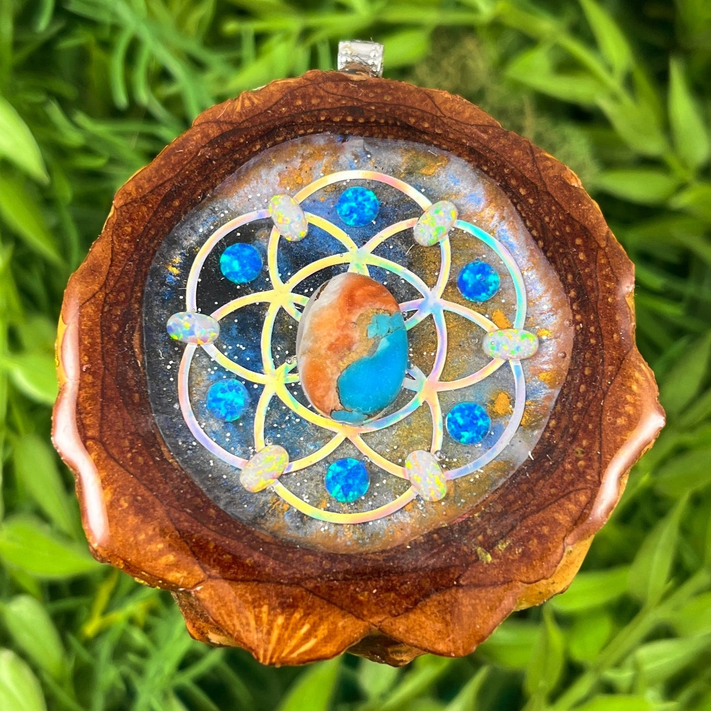 Galaxy with Spiny Oyster Turquoise & Opal with Seed of Life