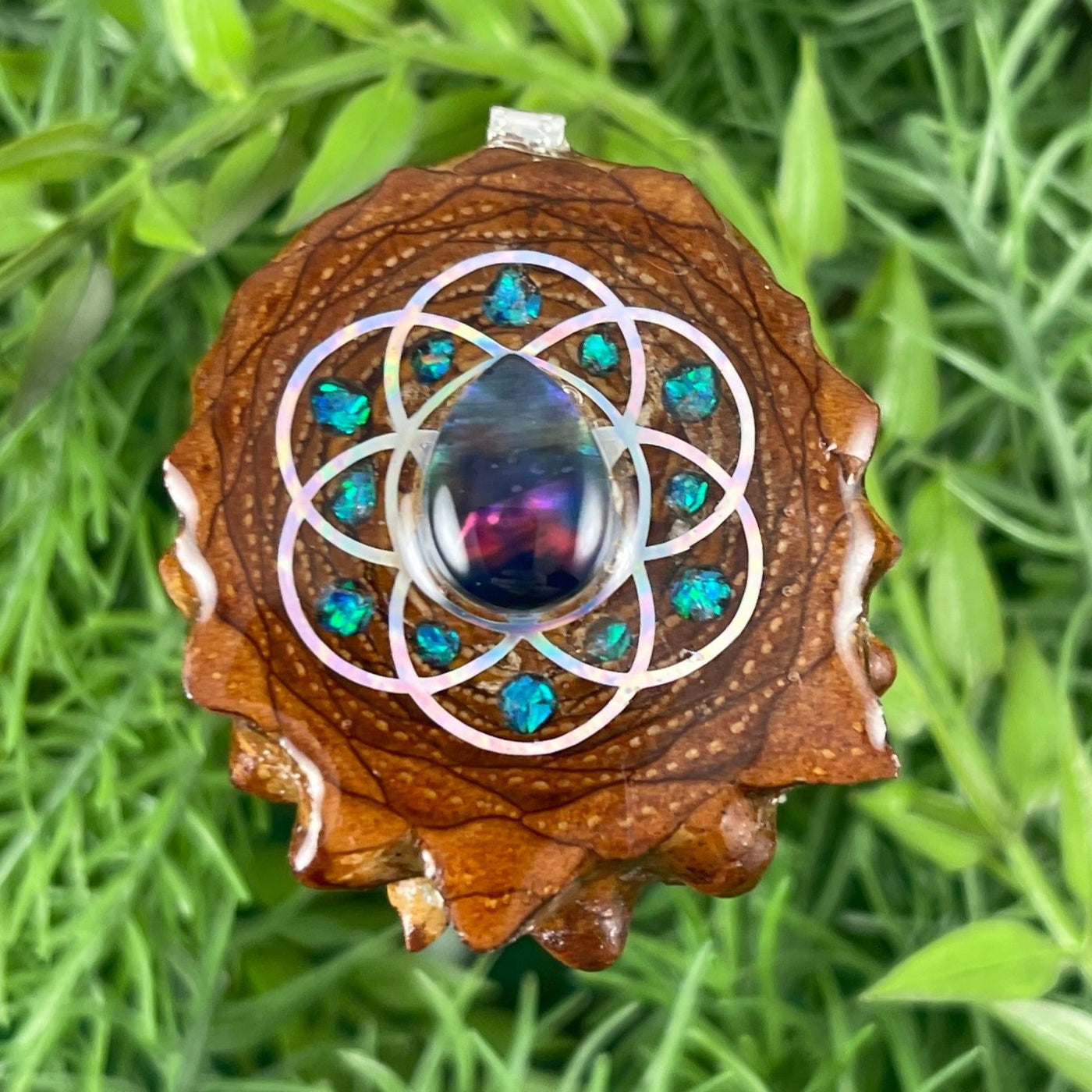 Multi Ammolite with Crushed Opal and Seed of Life