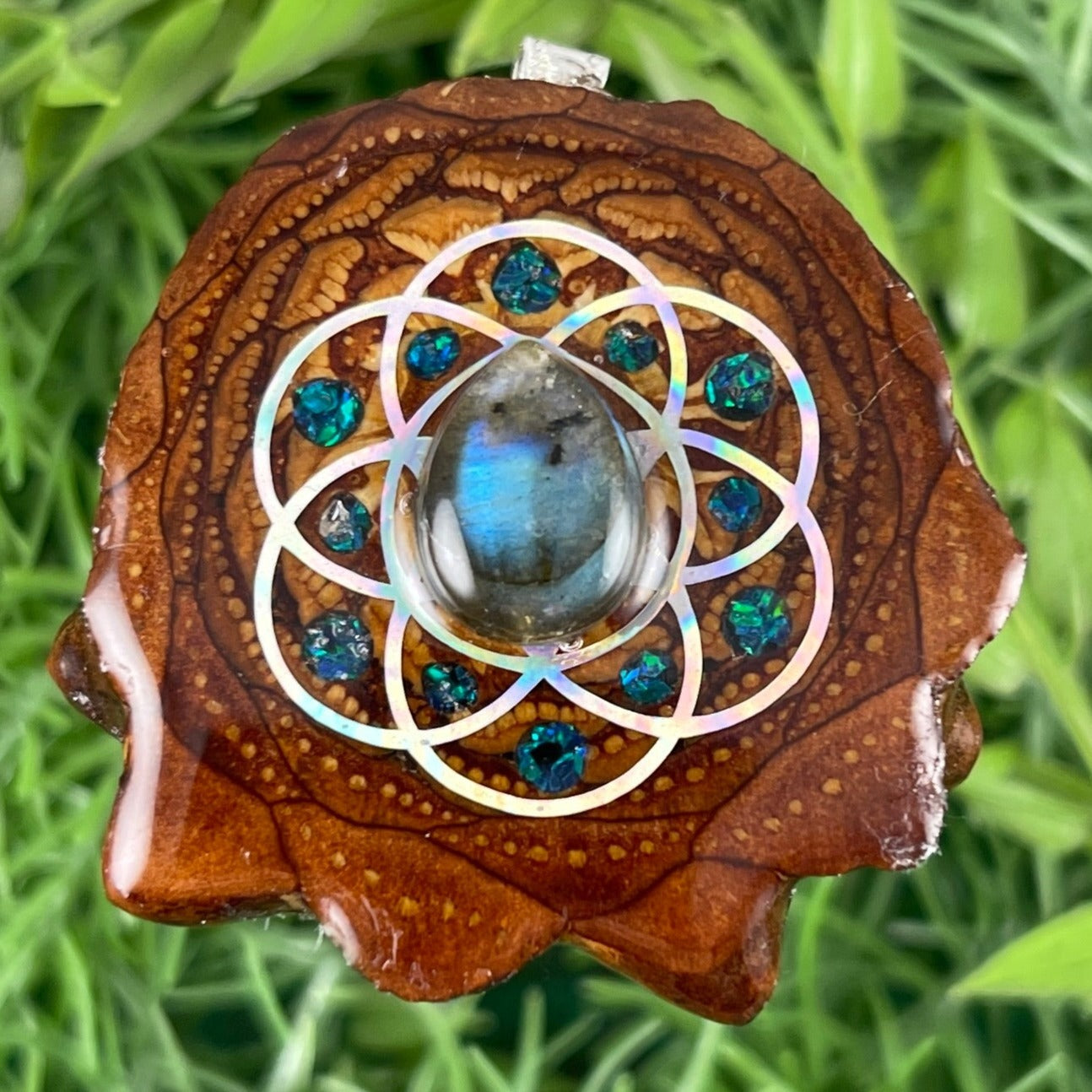 Labradorite with Crushed Opal and Seed of Life