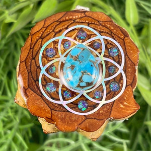 Blue Copper Turquoise with Crushed Opal and Seed of Life - Aura Pinecones