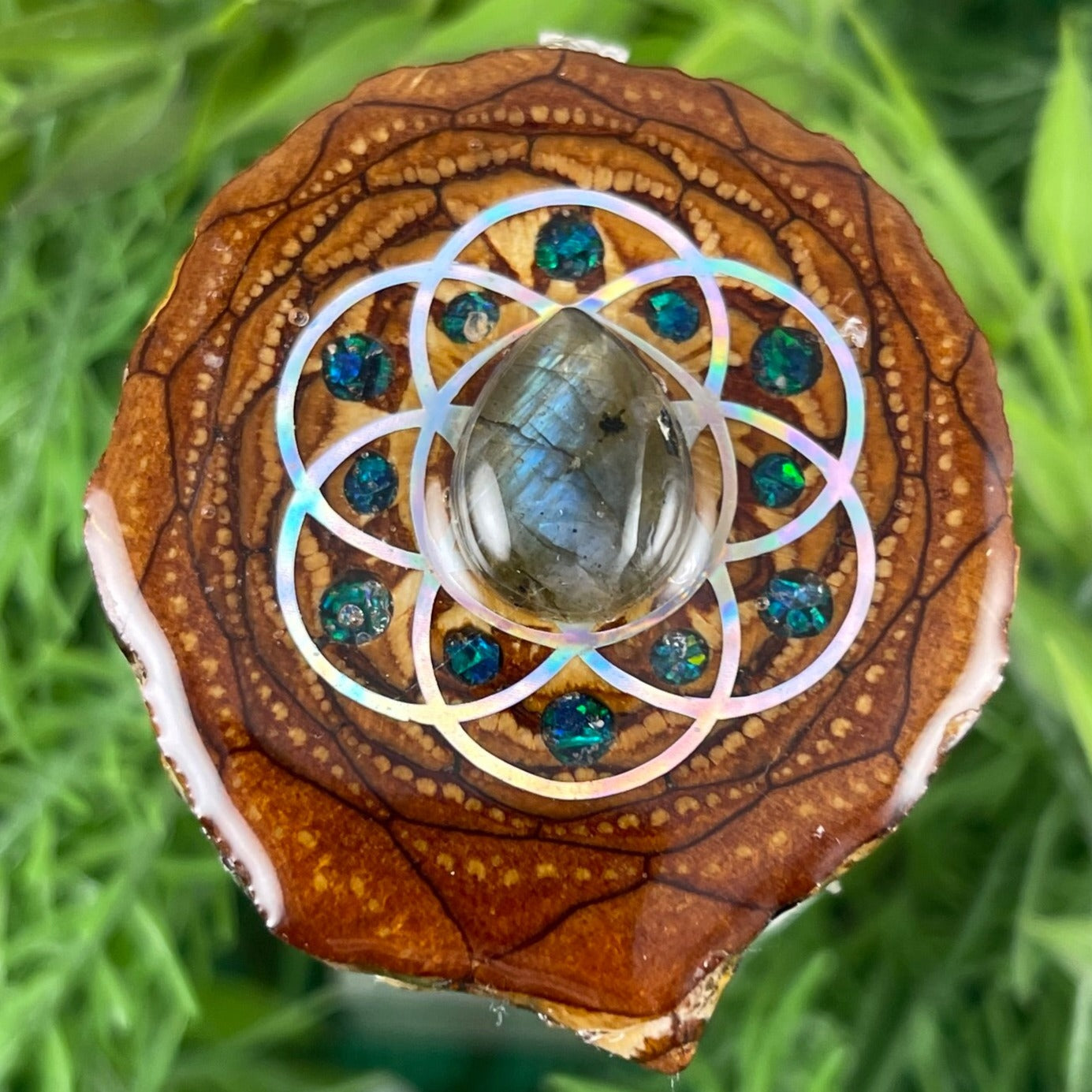 Labradorite with Crushed Opal and Seed of Life