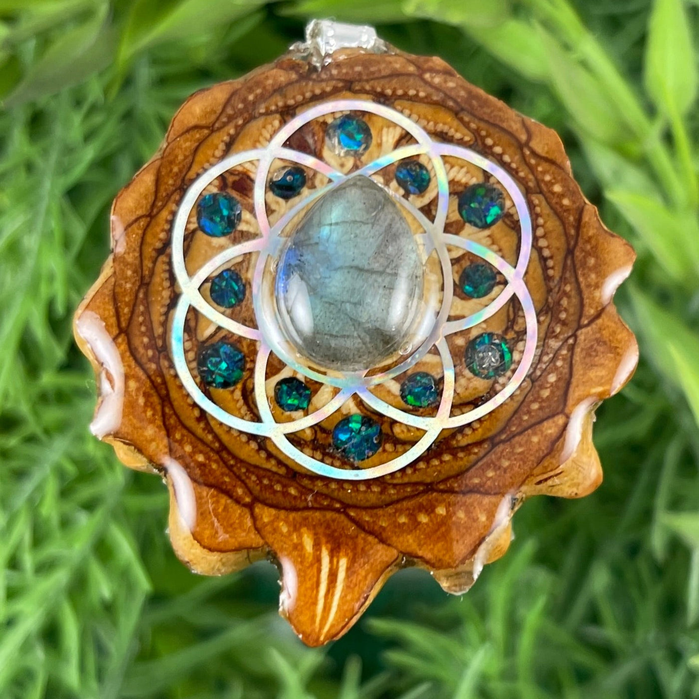 Labradorite with Crushed Opal and Seed of Life