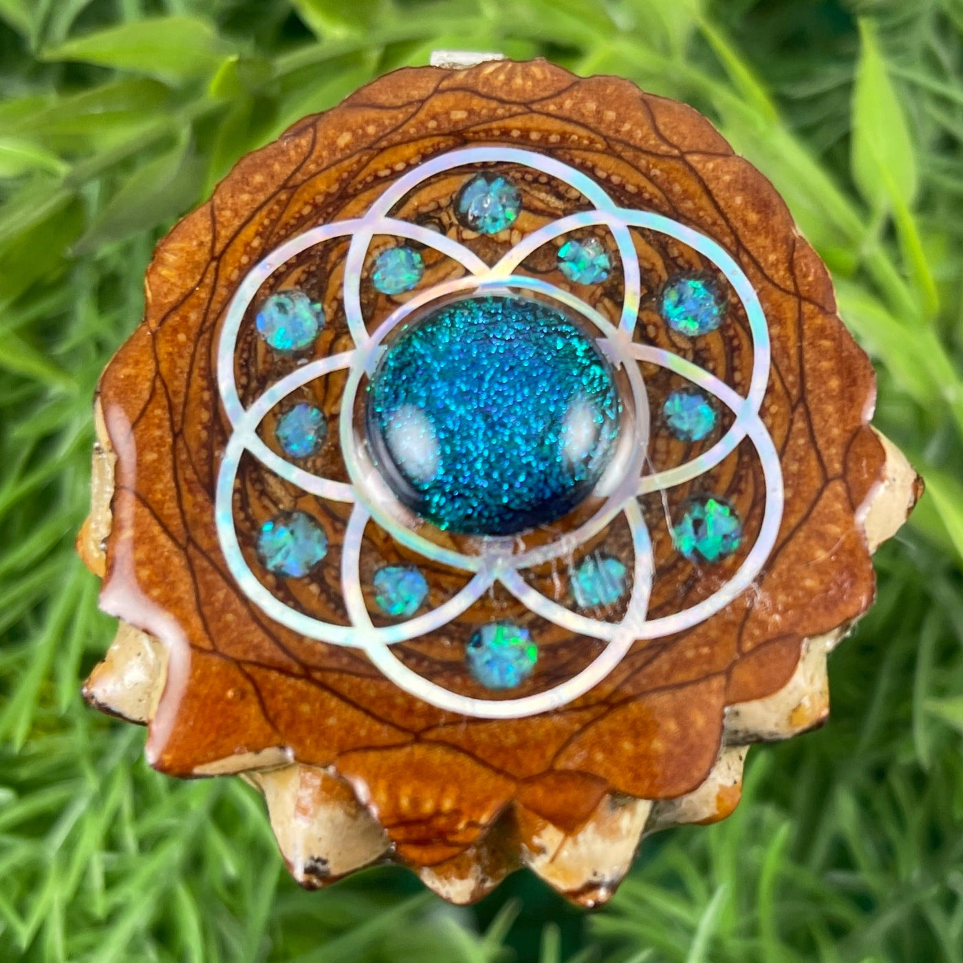 Dichroic Glass with Crushed Opal and Seed of Life - Aura Pinecones