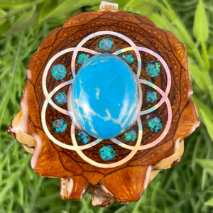 Blue Copper Turquoise with Crushed Opal and Seed of Life - Aura Pinecones