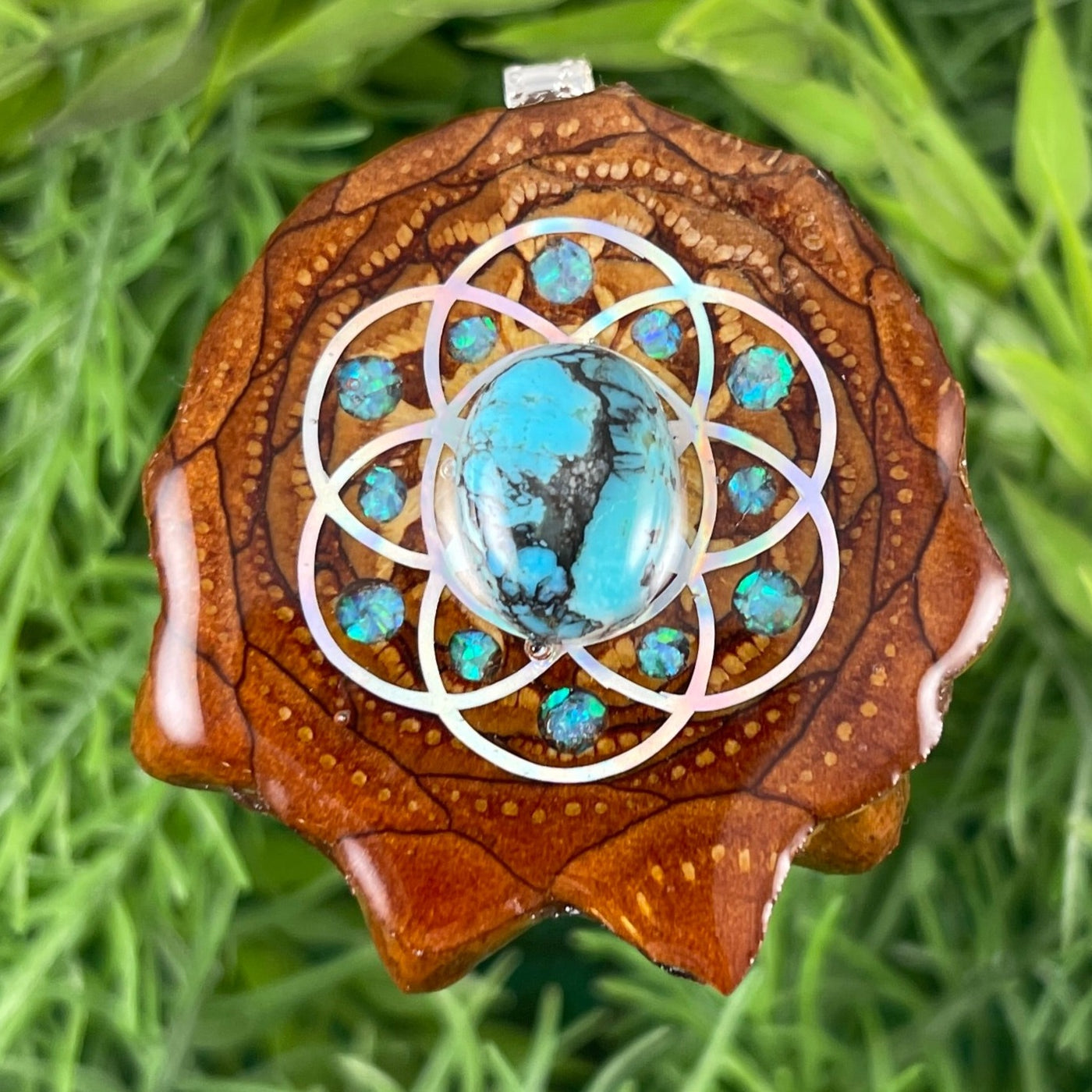 Blue Copper Turquoise with Crushed Opal and Seed of Life - Aura Pinecones