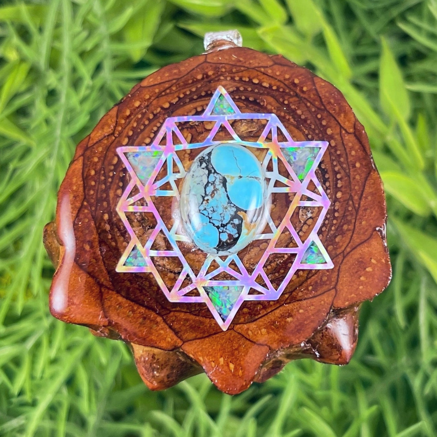 Blue Copper Turquoise & Crushed Opal with 64 Star Tetrahedron - Aura Pinecones