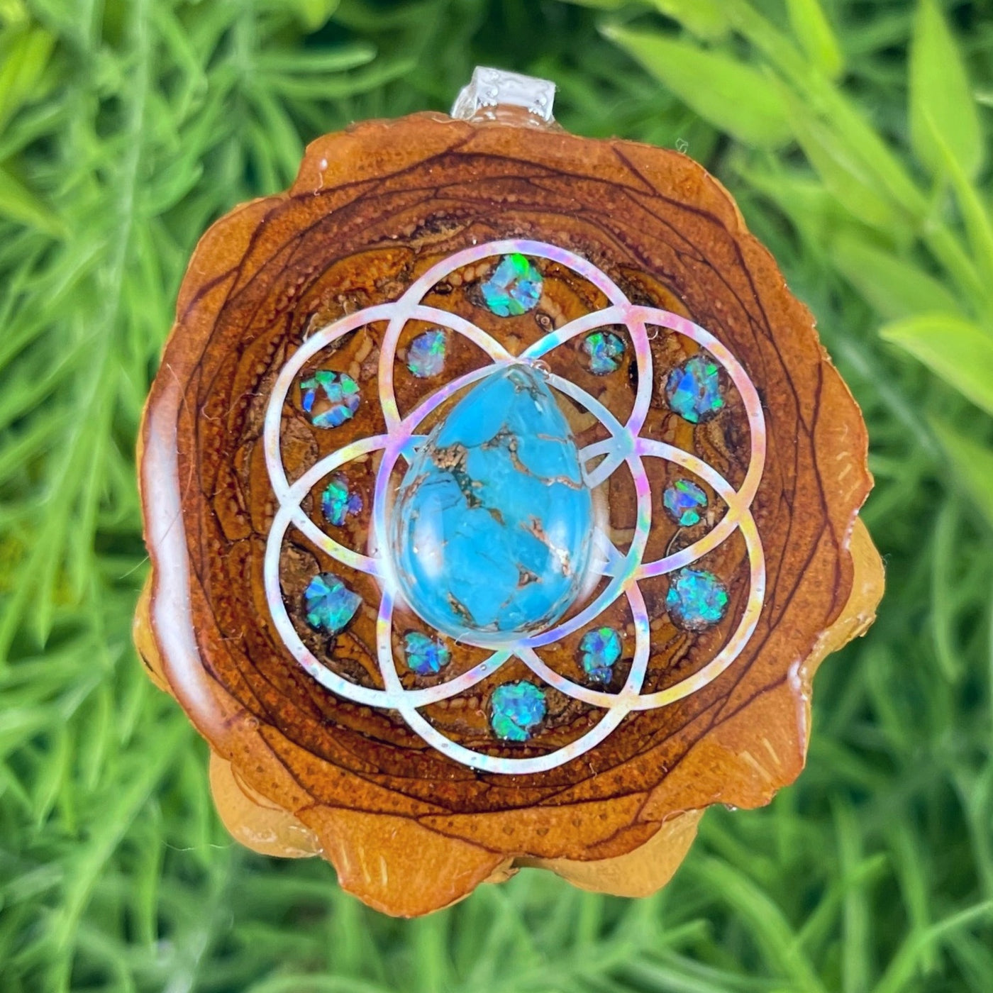 Blue Copper Turquoise & Crushed Opal with Seed of Life