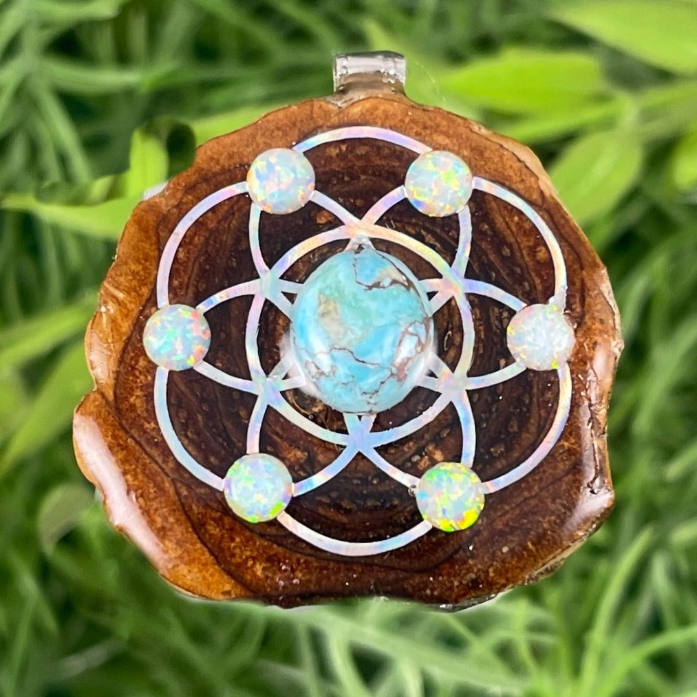 Blue Copper Turquoise & Opal with Seed of Life