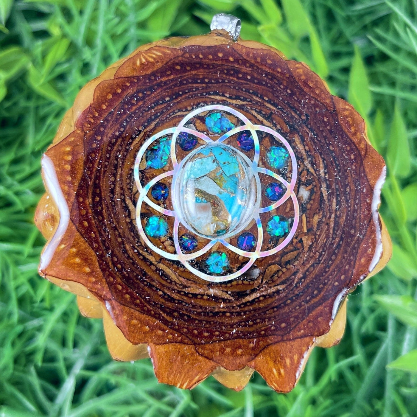 Blue Copper Turquoise & Crushed Opal with Seed of Life - Aura Pinecones