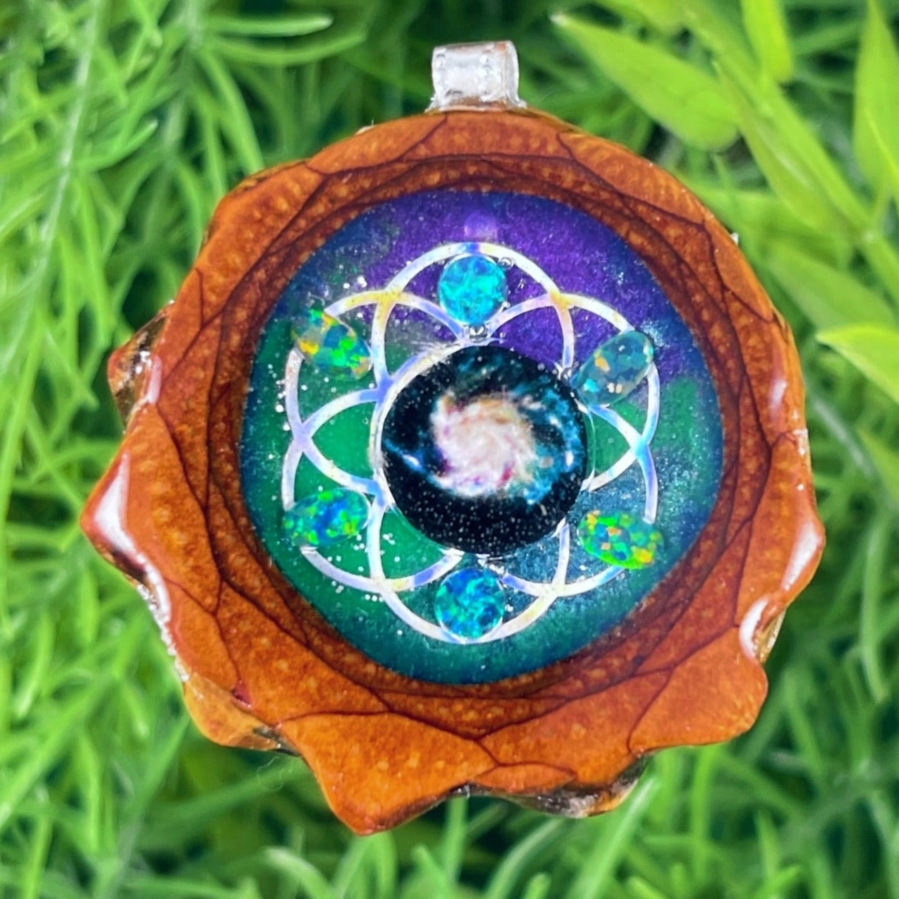 Galaxy with Dichroic Glass & Opal with Seed of Life - Aura Pinecones