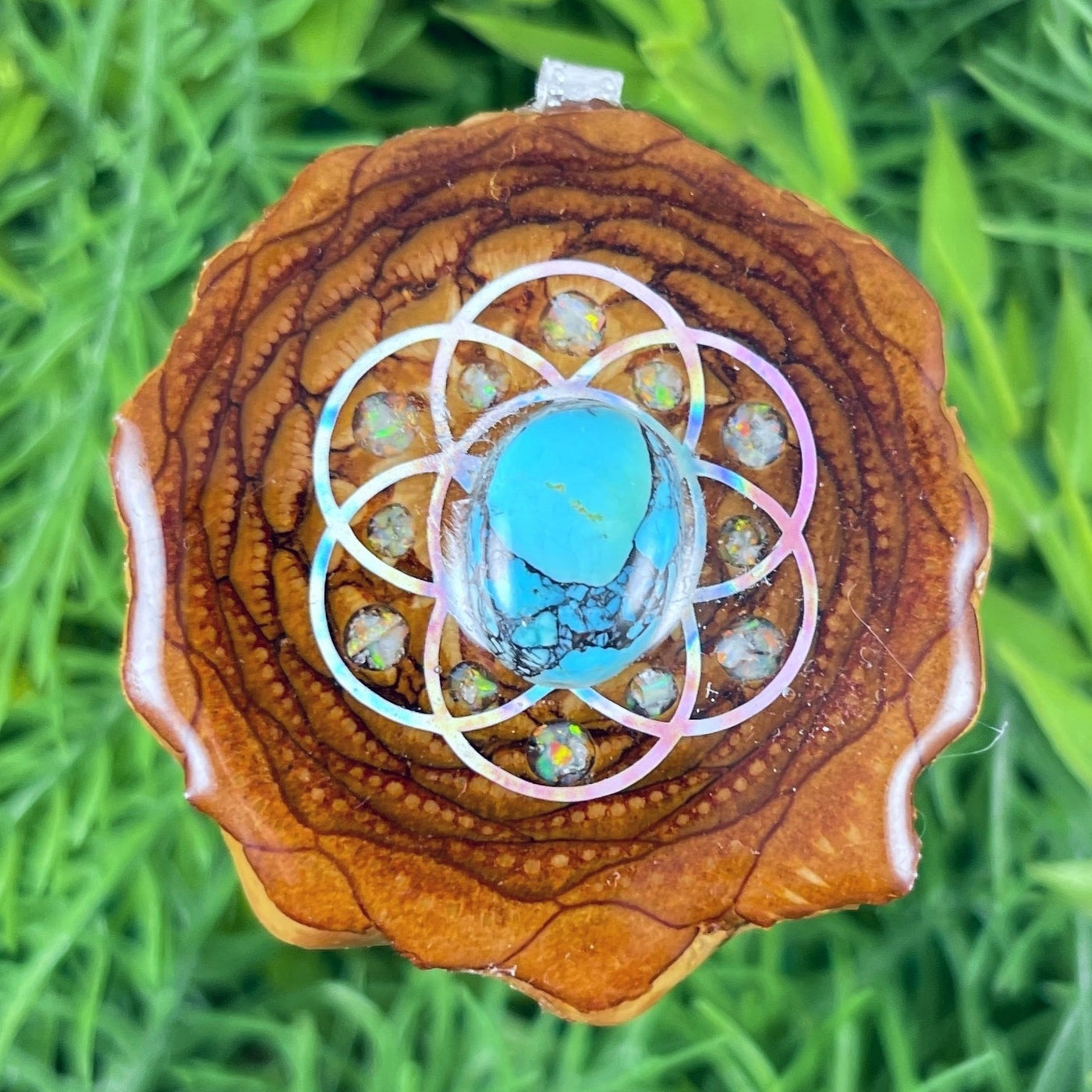 Blue Copper Turquoise & Crushed Opal with Seed of Life - Aura Pinecones