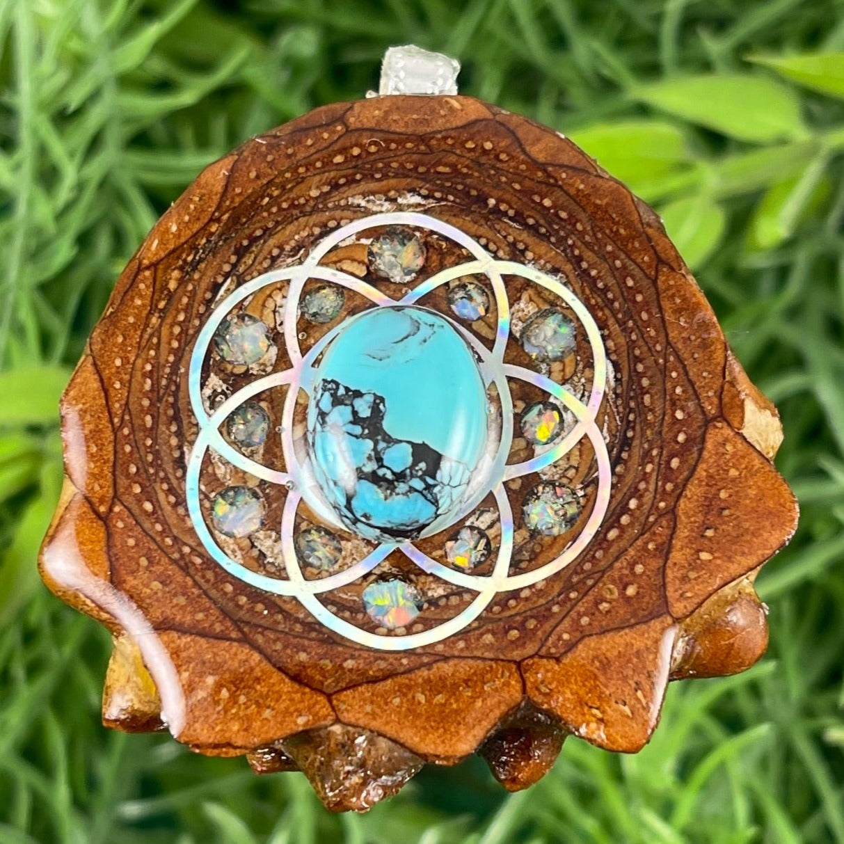 Blue Copper Turquoise with Crushed Opal & Seed of Life