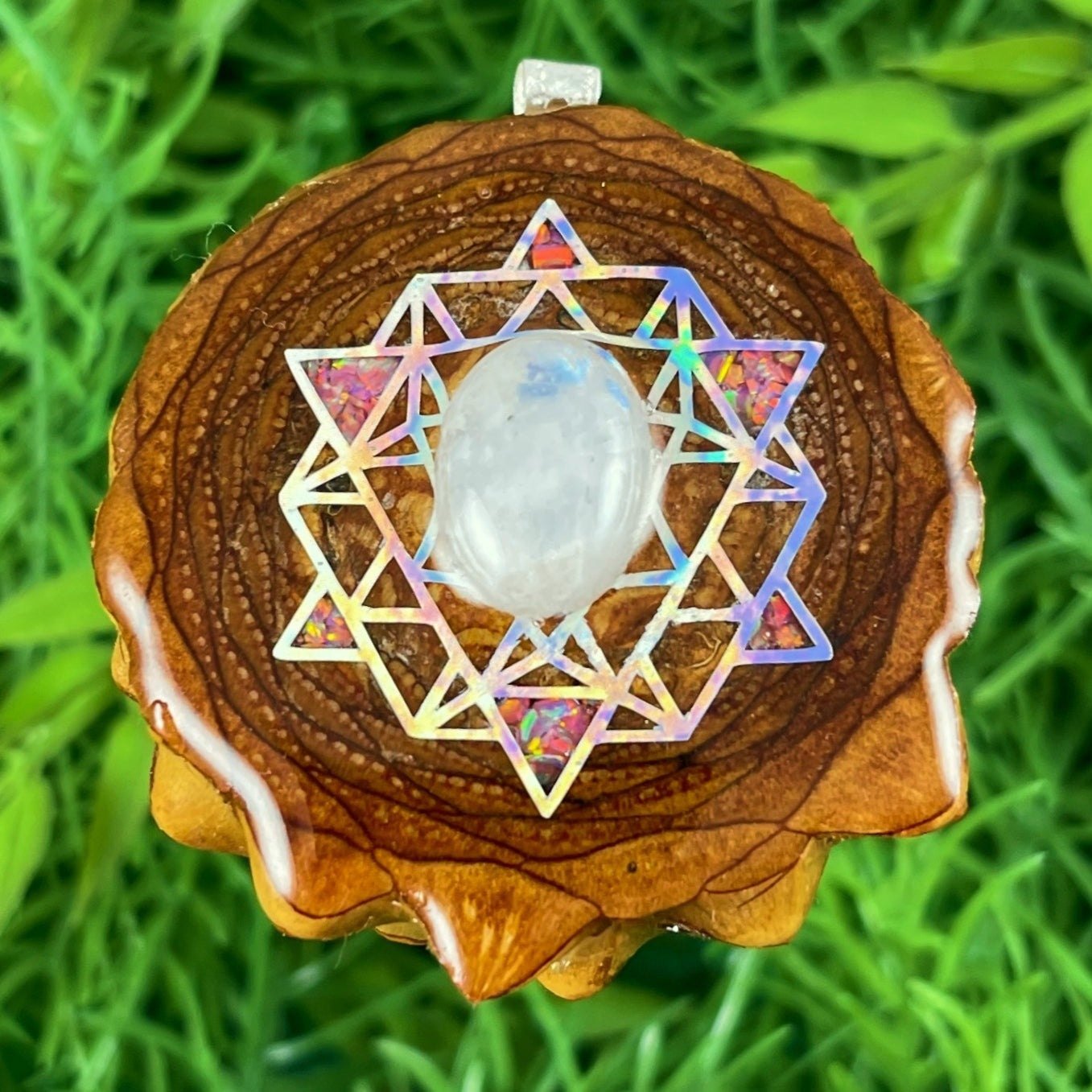 Moonstone with Crushed Opal & 64 Star Tetrahedron - Aura Pinecones