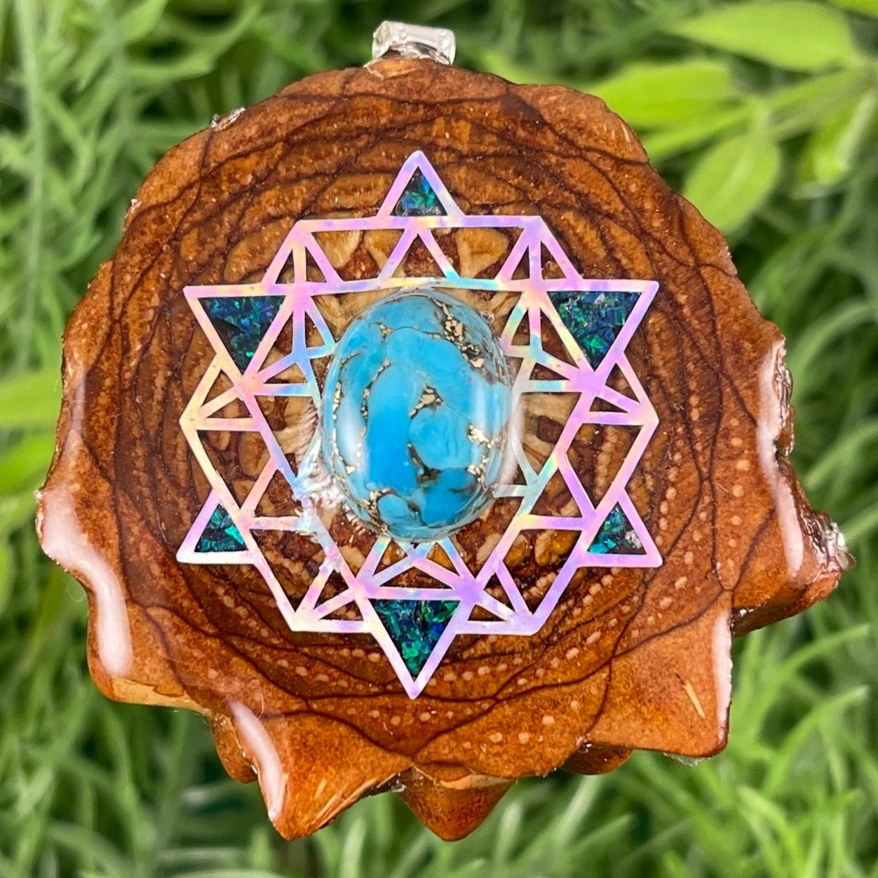 Blue Copper Turquoise with Crushed Opal & 64 Star Tetrahedron - Aura Pinecones