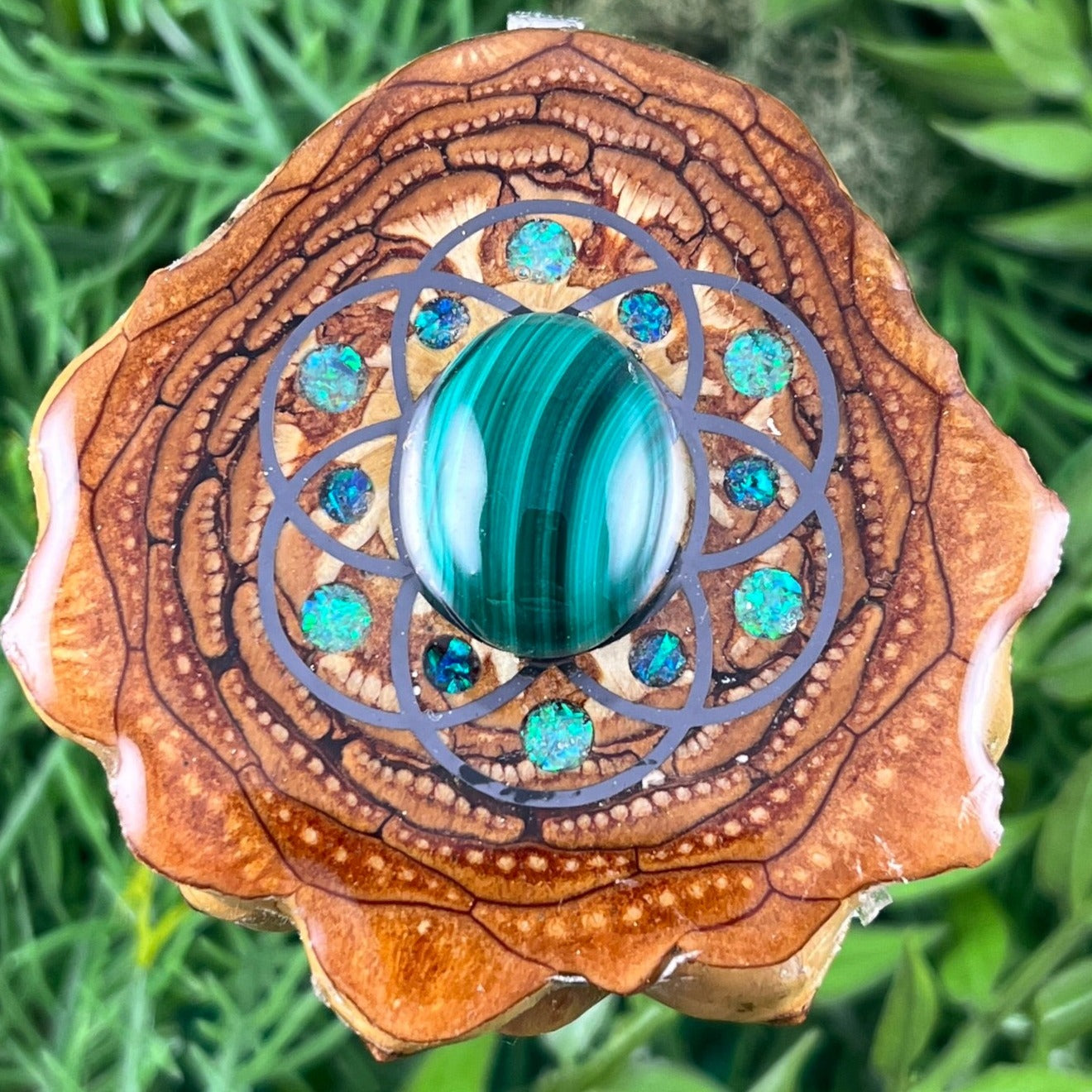 Malachite with Crushed Opal & Seed of Life