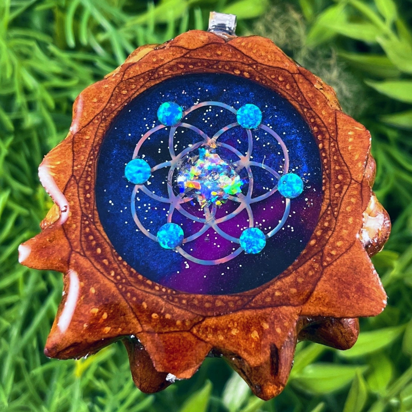 Galaxy with Dichroic Glass & Opal with Seed of Life