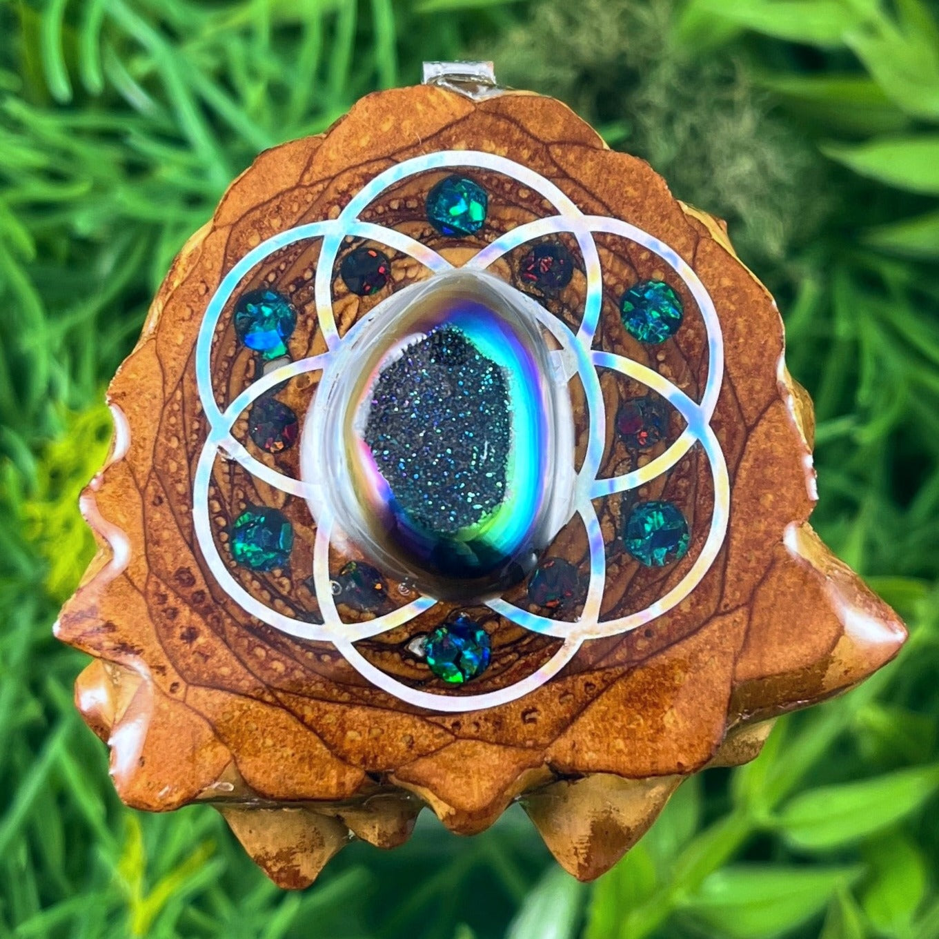 Druzy Quartz with Crushed Opal & Seed of Life