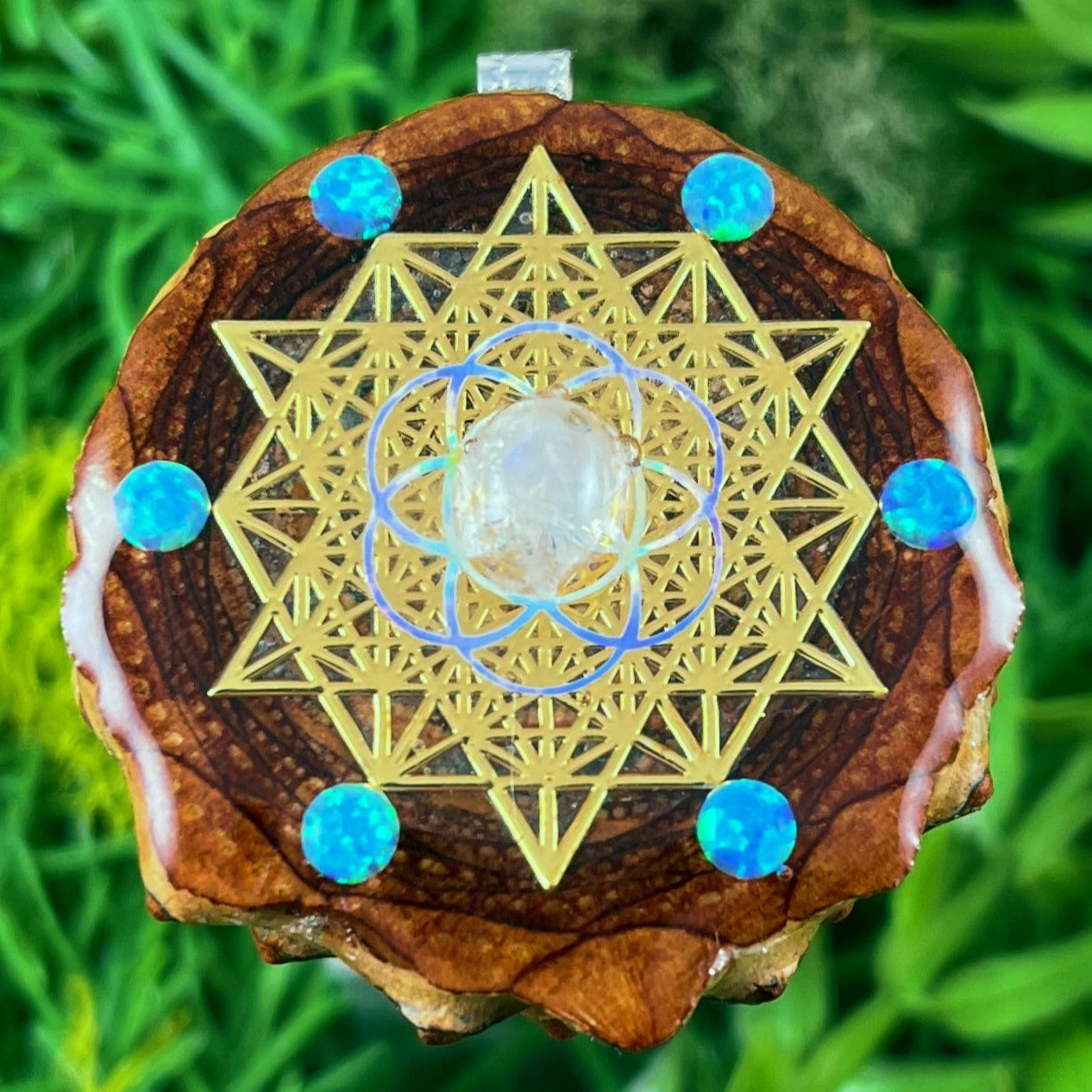 Moonstone and Opal with 64 Star Tetrahedron & Seed of Life