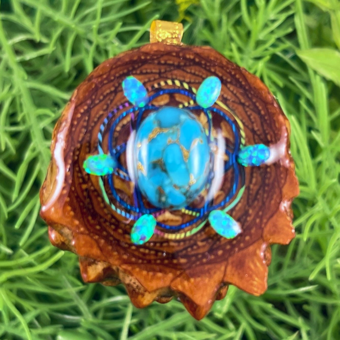 Blue Copper Turquoise & Opal with Seed of Life