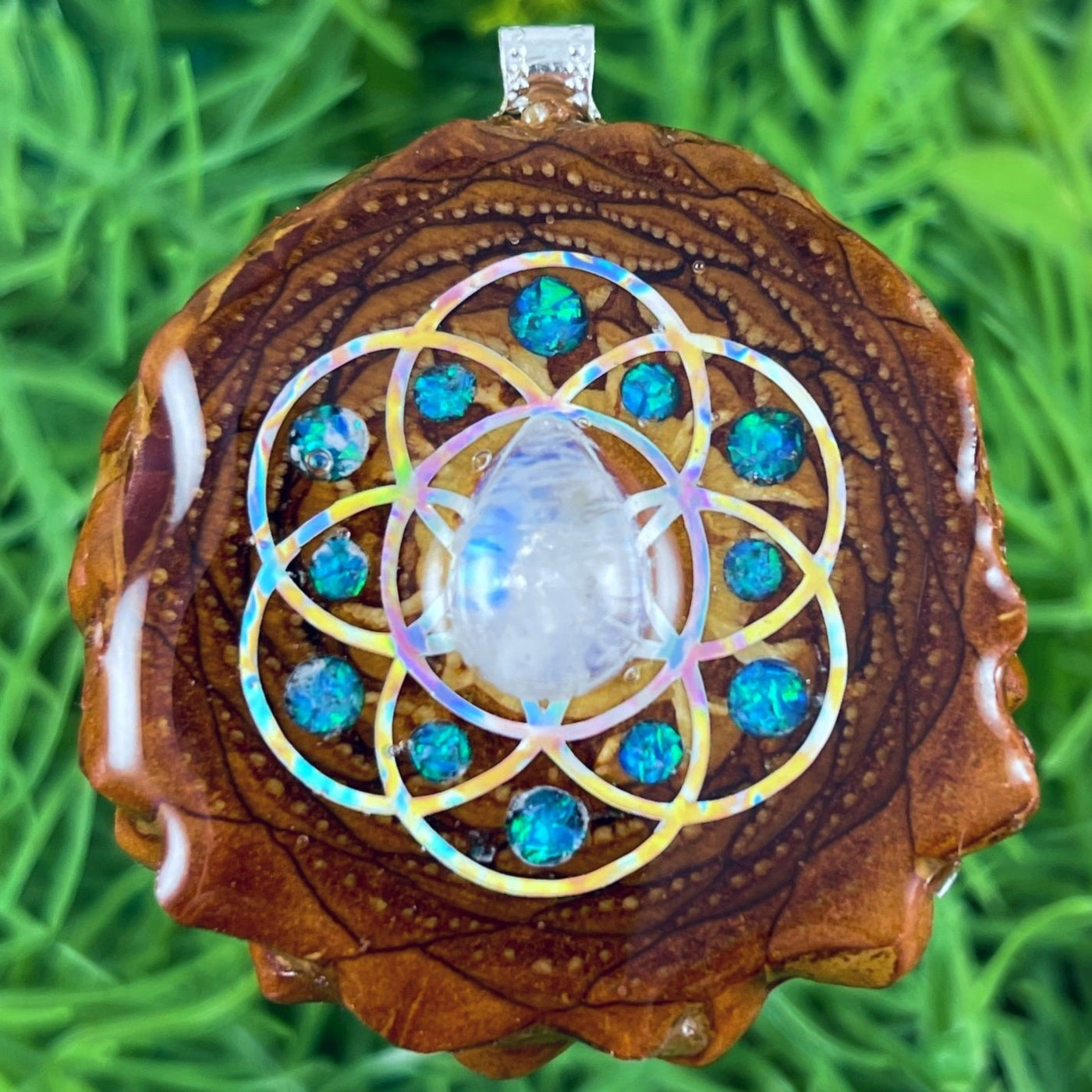 Moonstone with Crushed Opal and Seed of Life