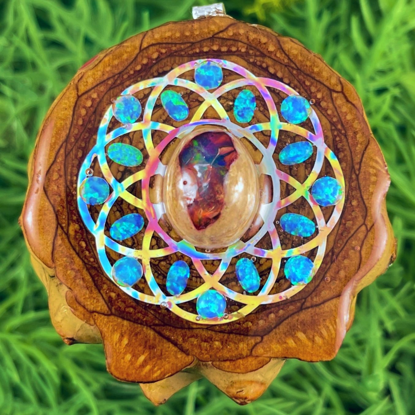 Fire Opal with Opal and Seed of Life