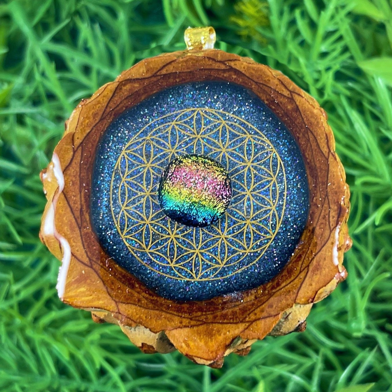 Galaxy with Dichroic Glass and Flower of Life