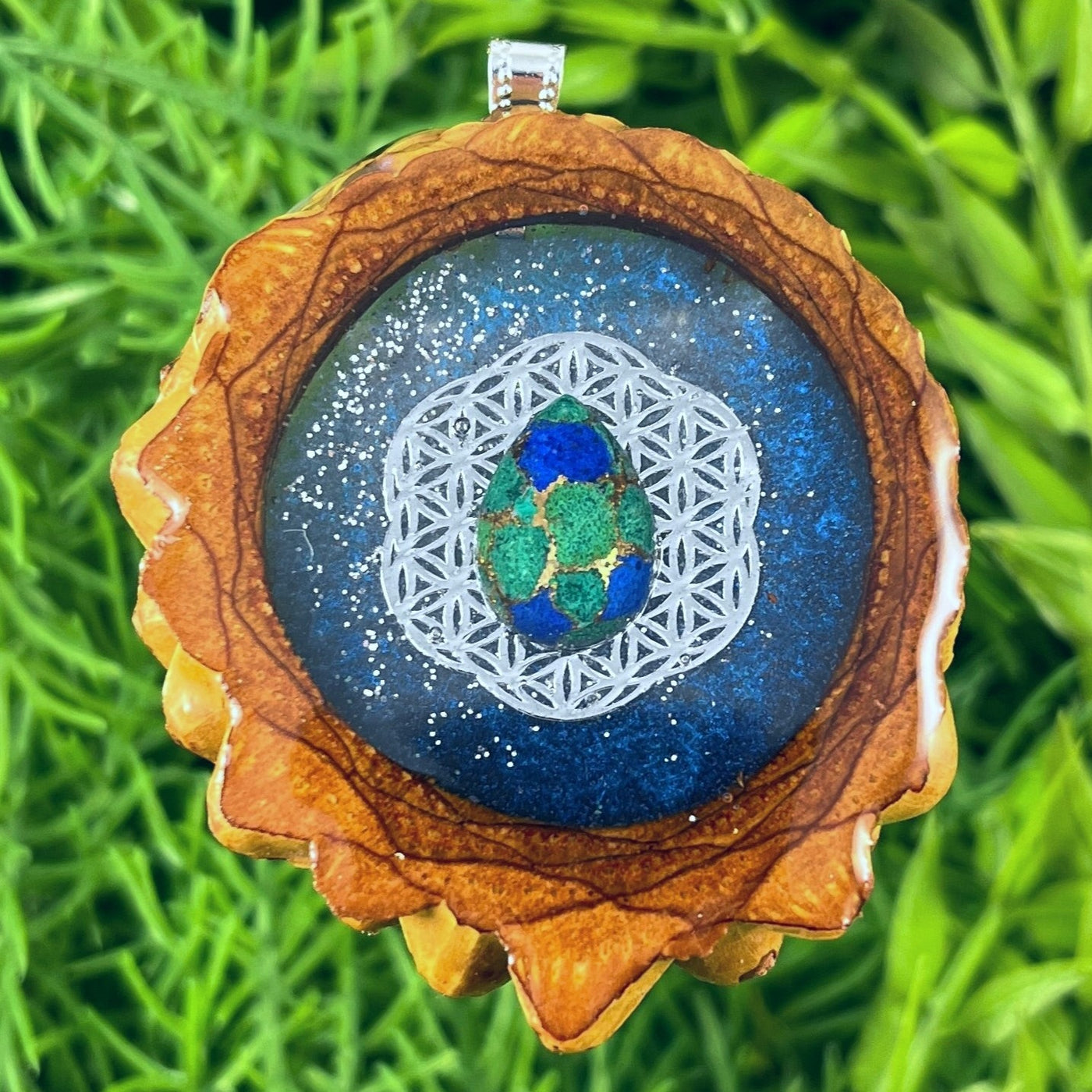 Galaxy with Azurite Malachite & Flower of Life