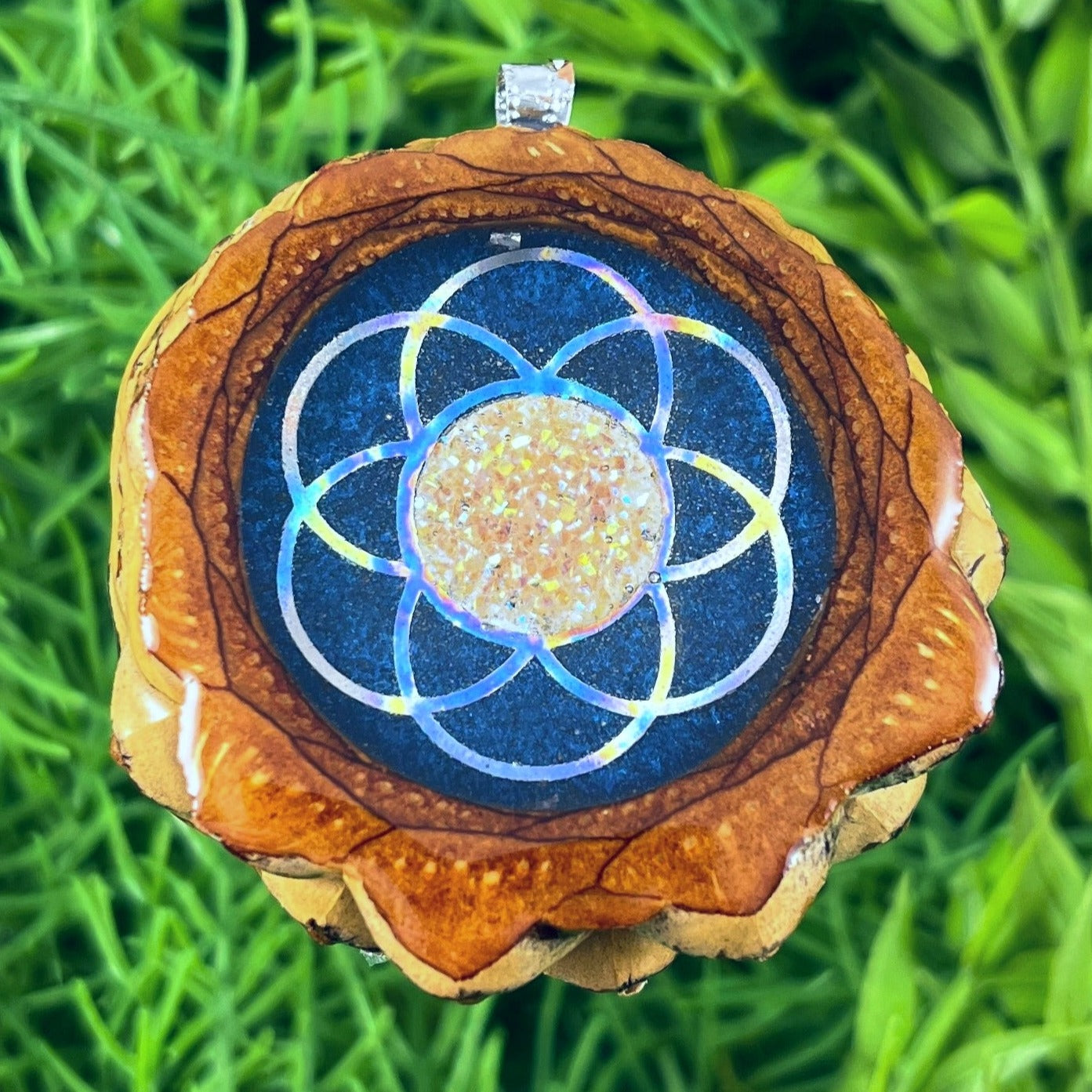 Galaxy with Druzy Quartz & Seed of Life