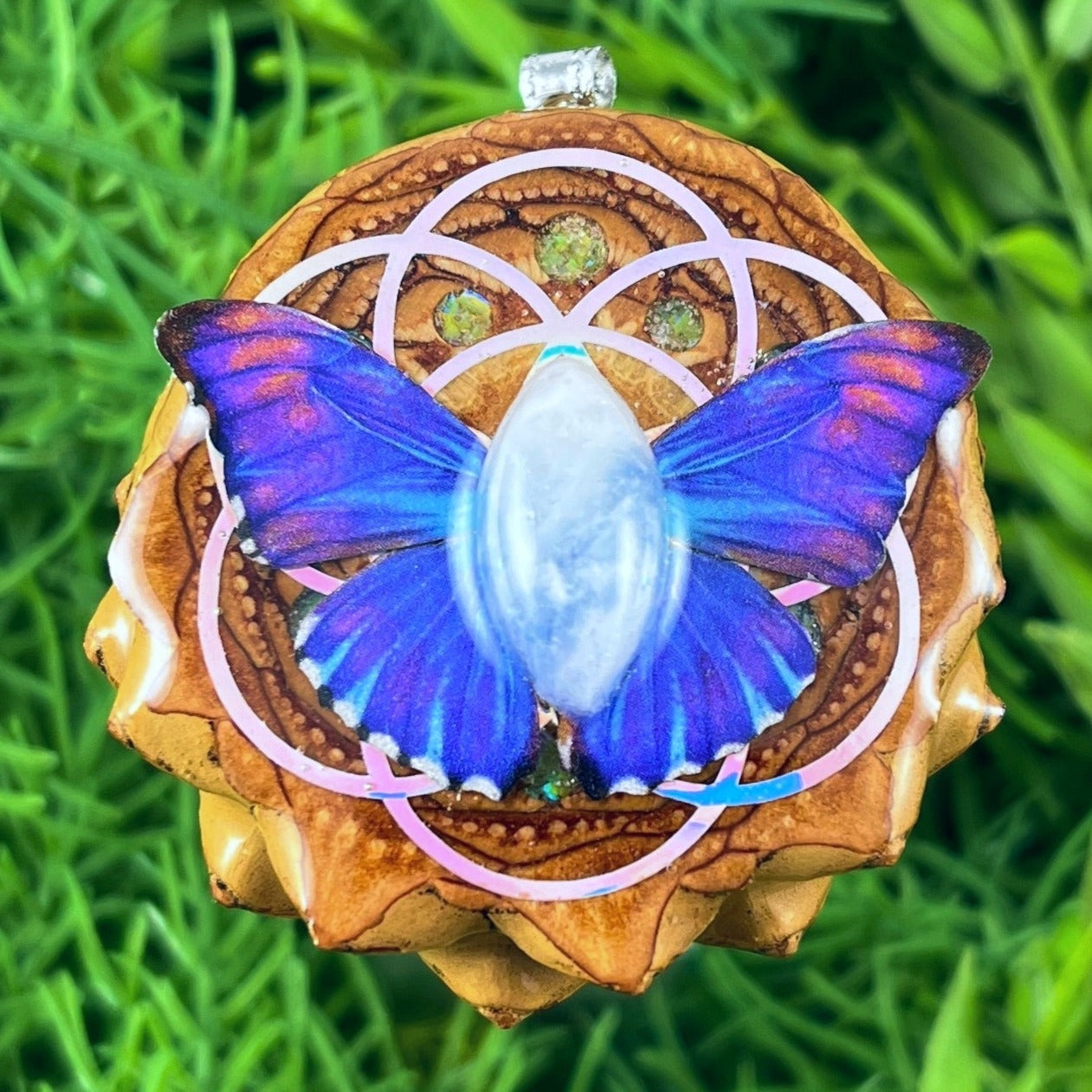 Moonstone with Crushed Opal & Butterfly with Seed of Life