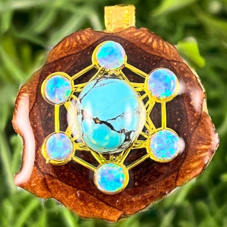 Blue Copper Turquoise with Opal & Metatron's Cube