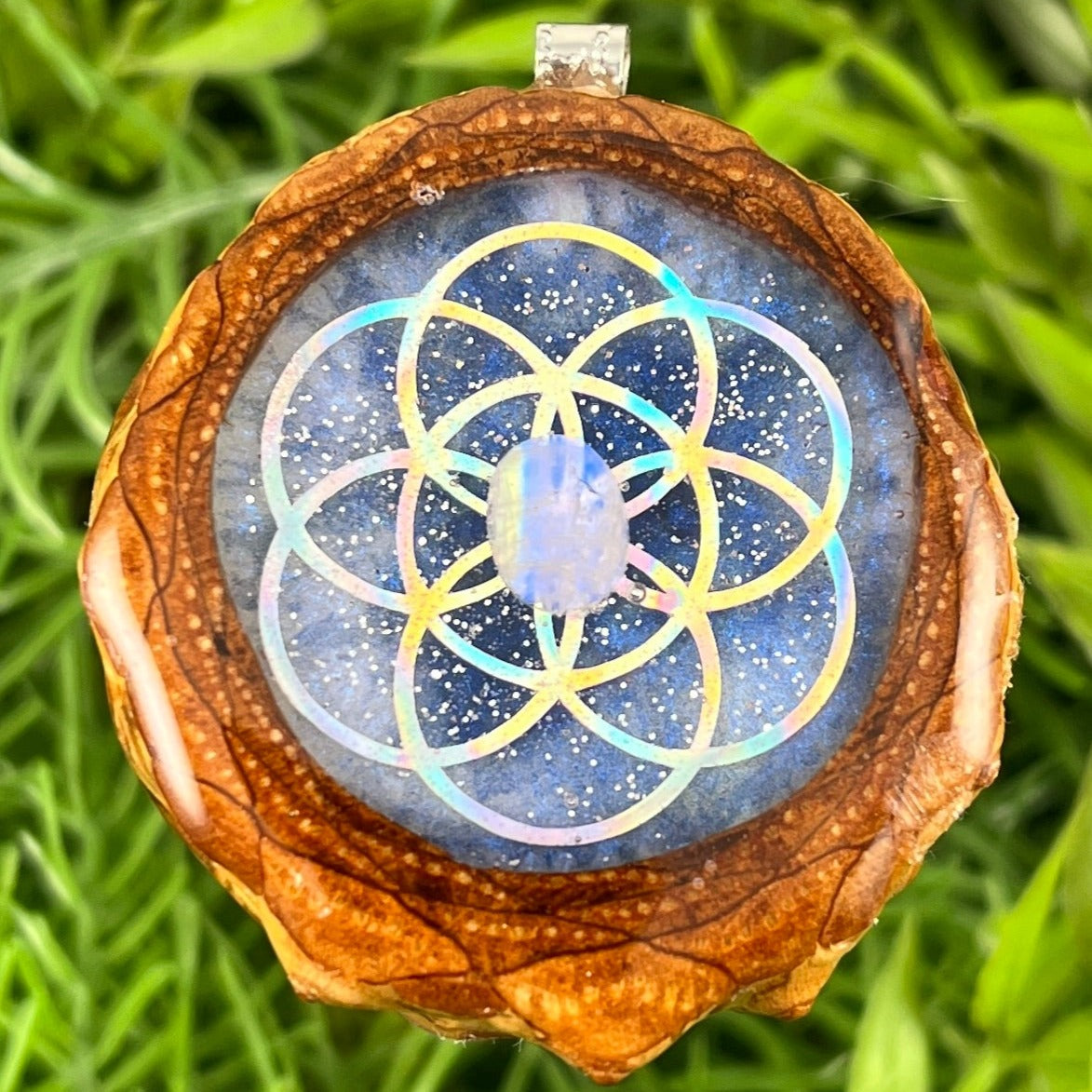 Galaxy with Moonstone and Opal & Seed of Life