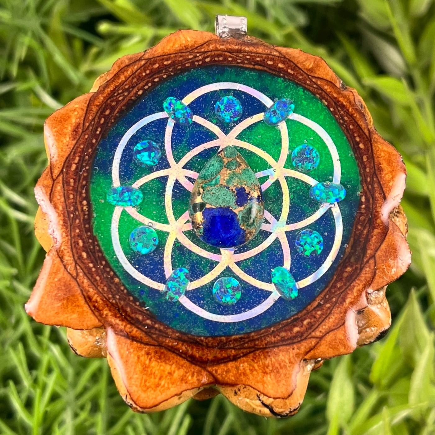 Galaxy with Malachite Azurite and Opal & Seed of Life