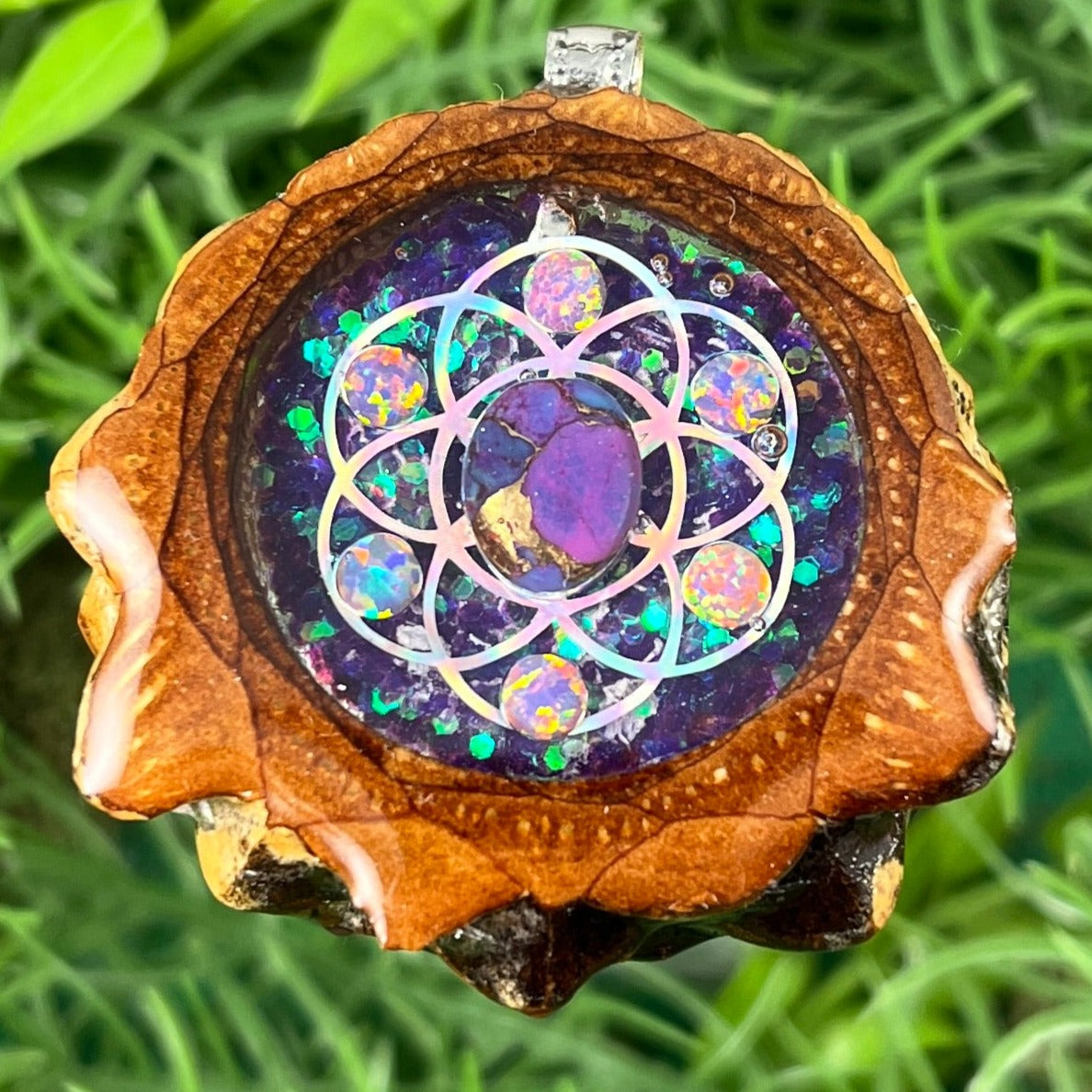 Galaxy with Purple Mohave Turquoise and Opal & Seed of Life