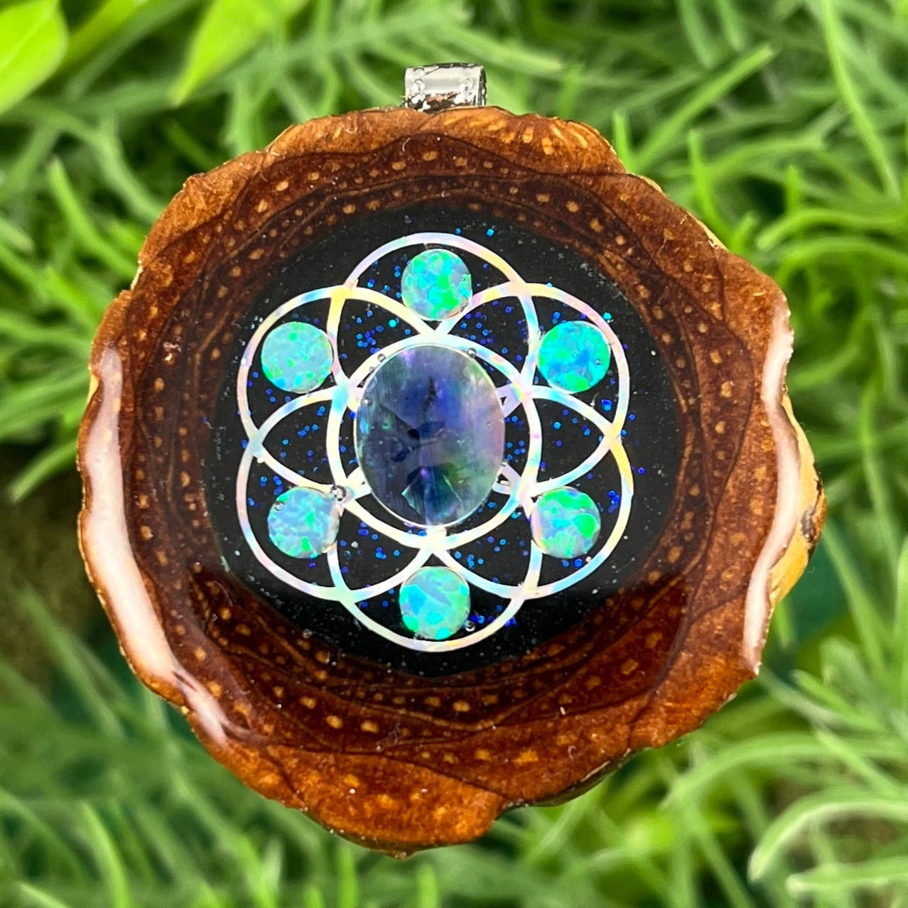 Galaxy with Multi Ammolite and Opal & Seed of Life