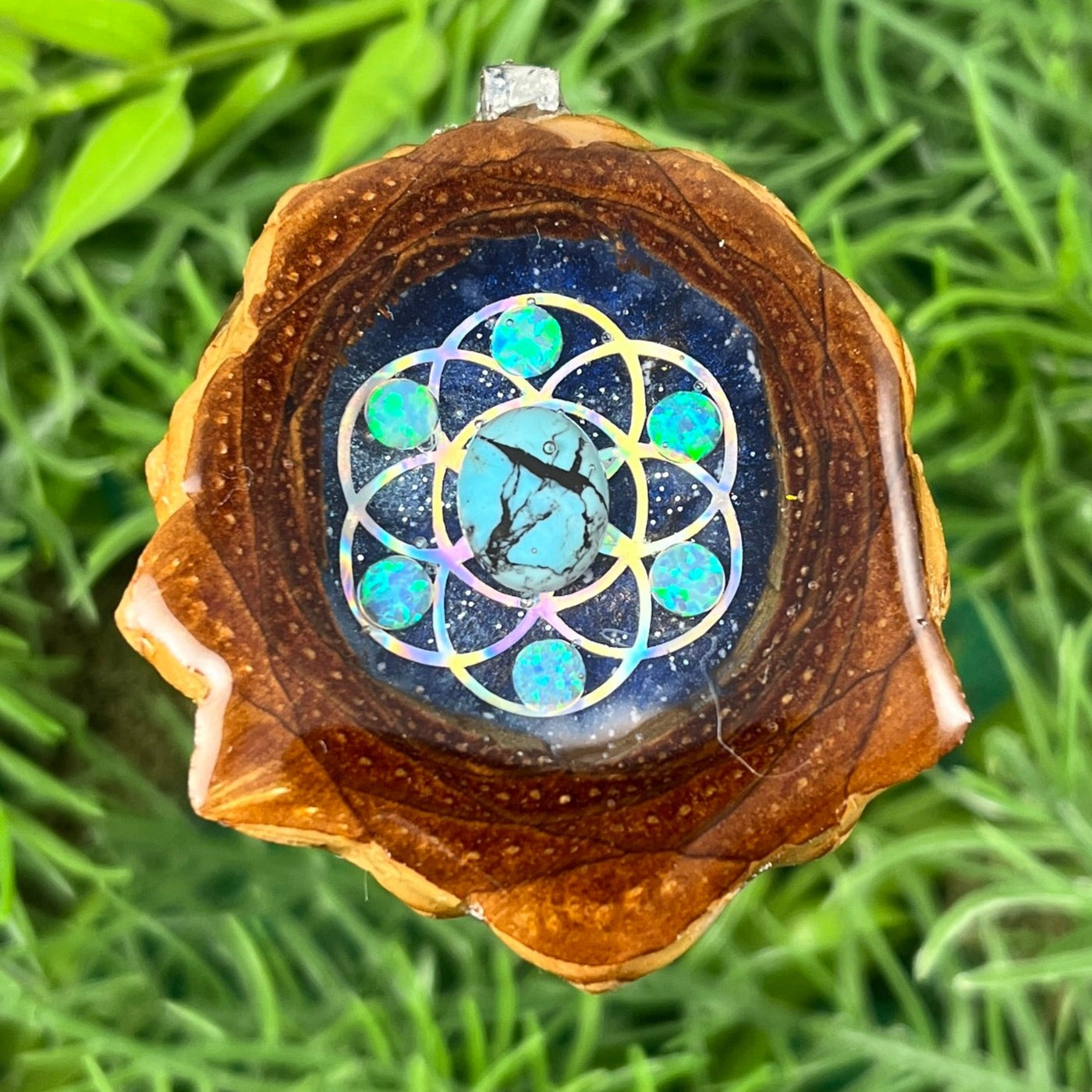 Galaxy with Blue Copper Turquoise and Opal & Seed of Life