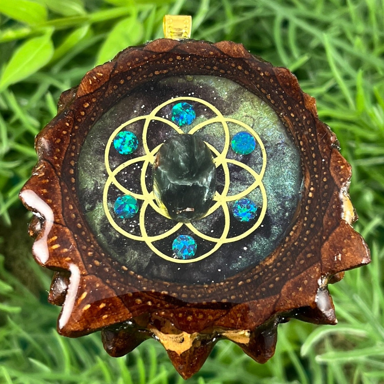 Galaxy with Labradorite and Opal with Seed of Life