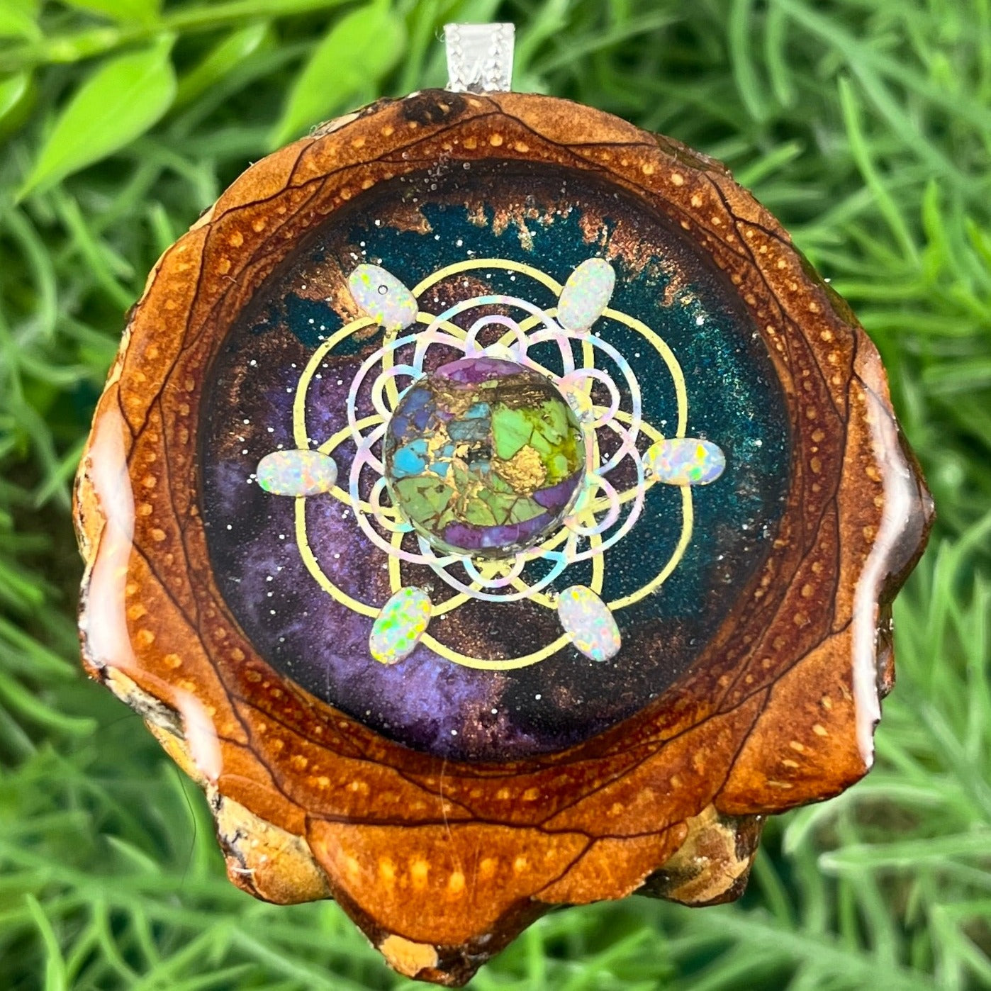 Galaxy with Spiny Oyster Turquoise & Seed of Life