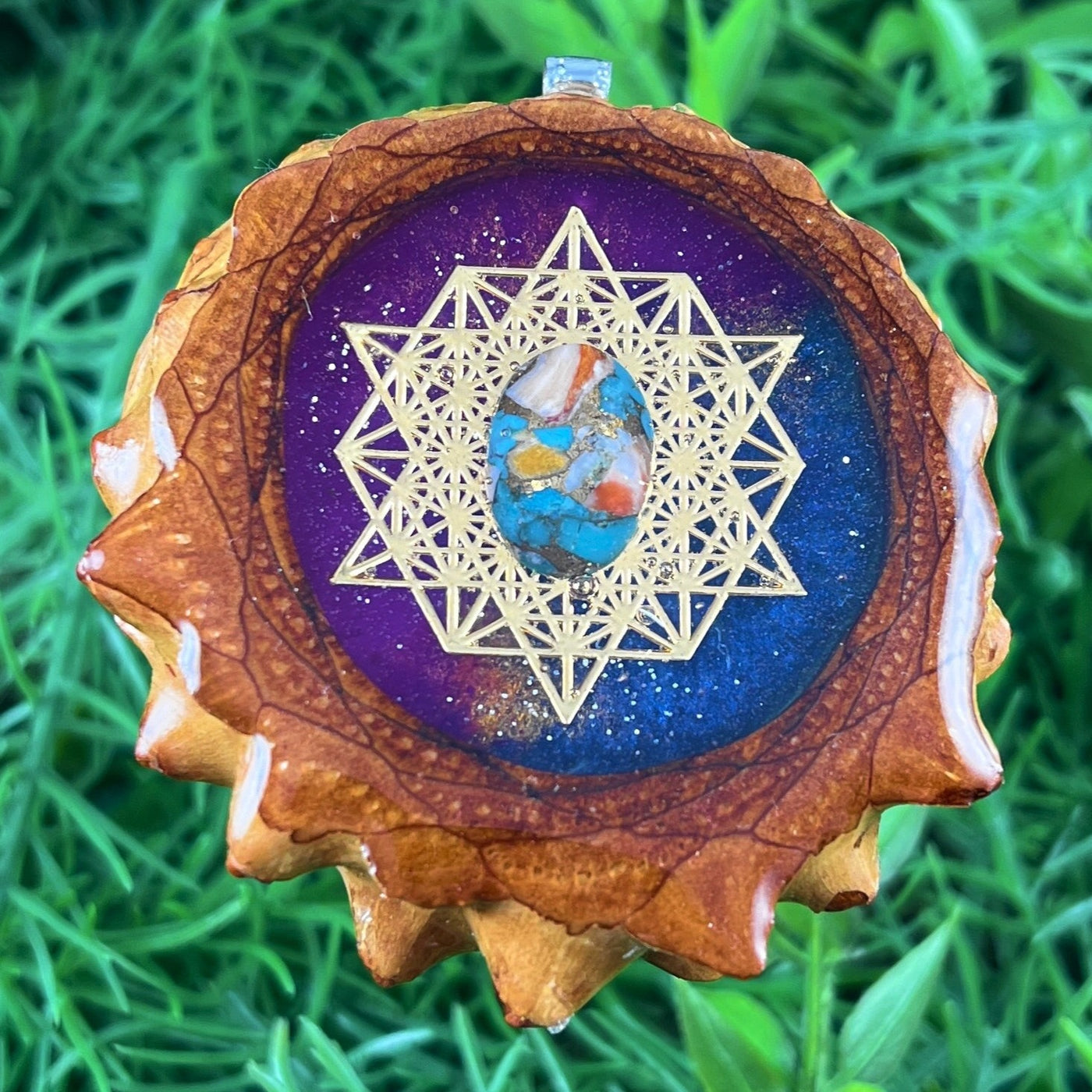 Supernova with Spiny Oyster Turquoise and 64 Star Tetrahedron - Aura Pinecones