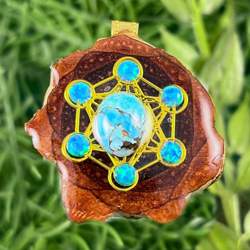 Blue Copper Turquoise with Opal & Metatron's Cube - Aura Pinecones