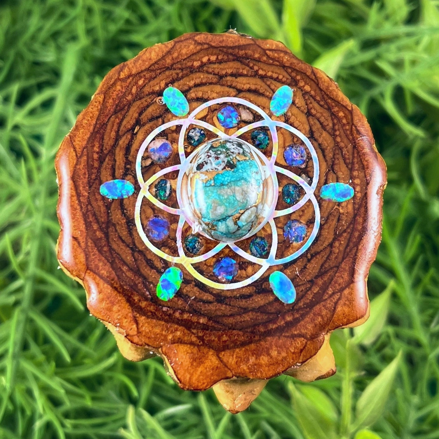 Blue Copper Turquoise & Opal with Crushed Opal & Seed of Life - Aura Pinecones