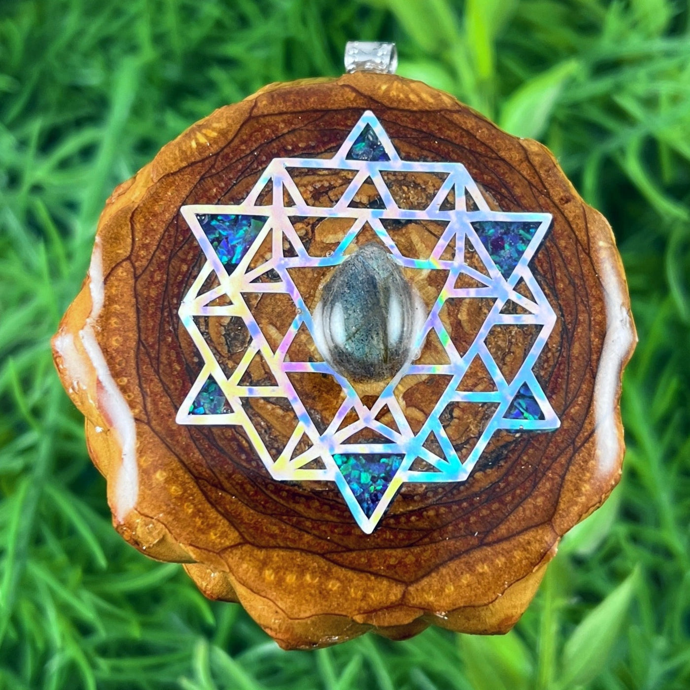 Labradorite with Crushed Opal & 64 Star Tetrahedron - Pinecone Necklace - Aura Pinecones