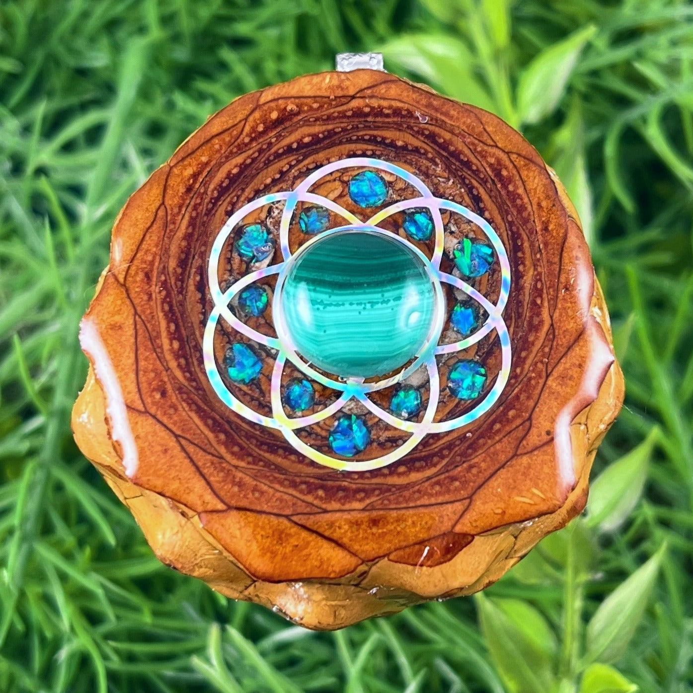 Malachite with Crushed Opal & Seed of Life