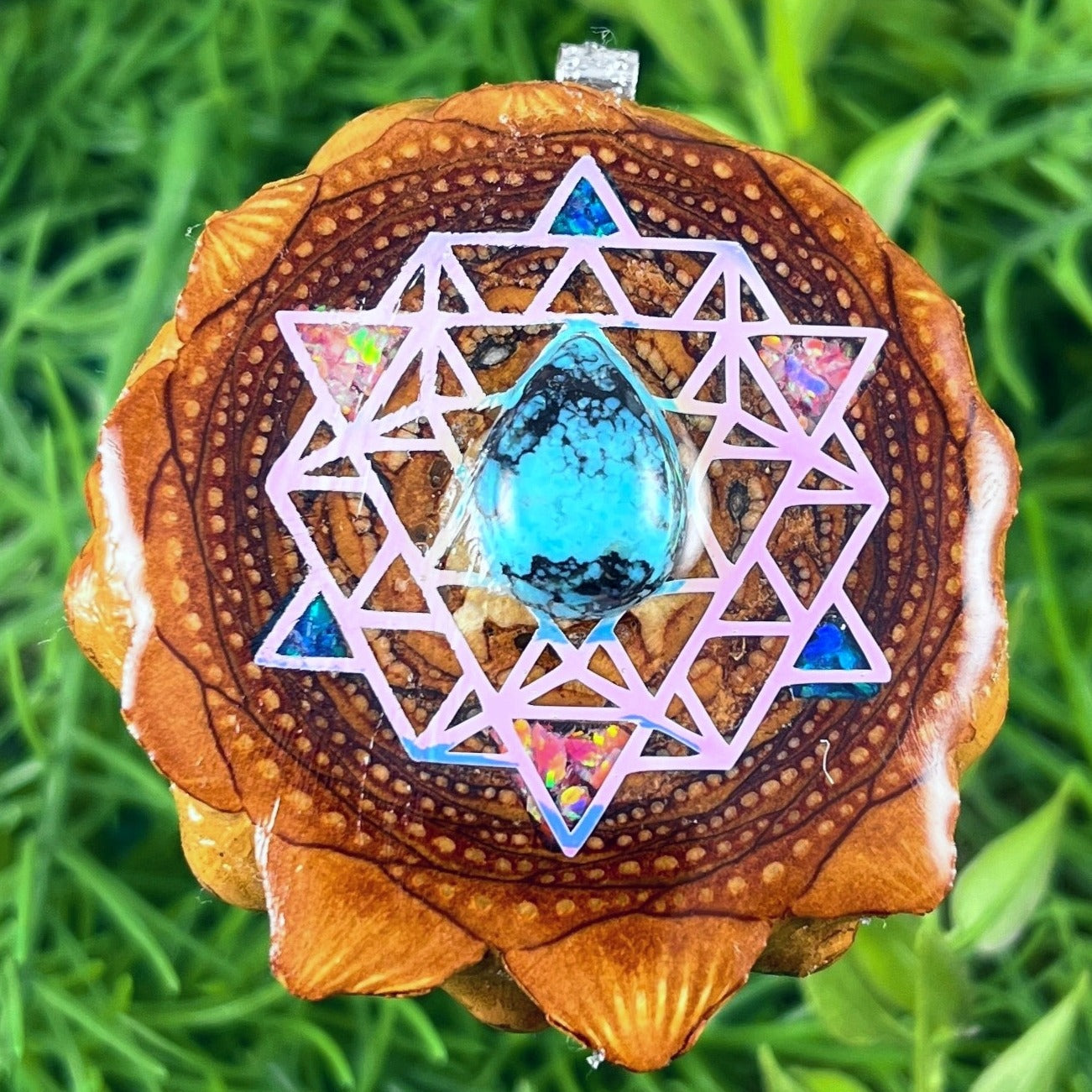 Turquoise with Crushed Opal & 64 Star Tetrahedron - Aura Pinecones