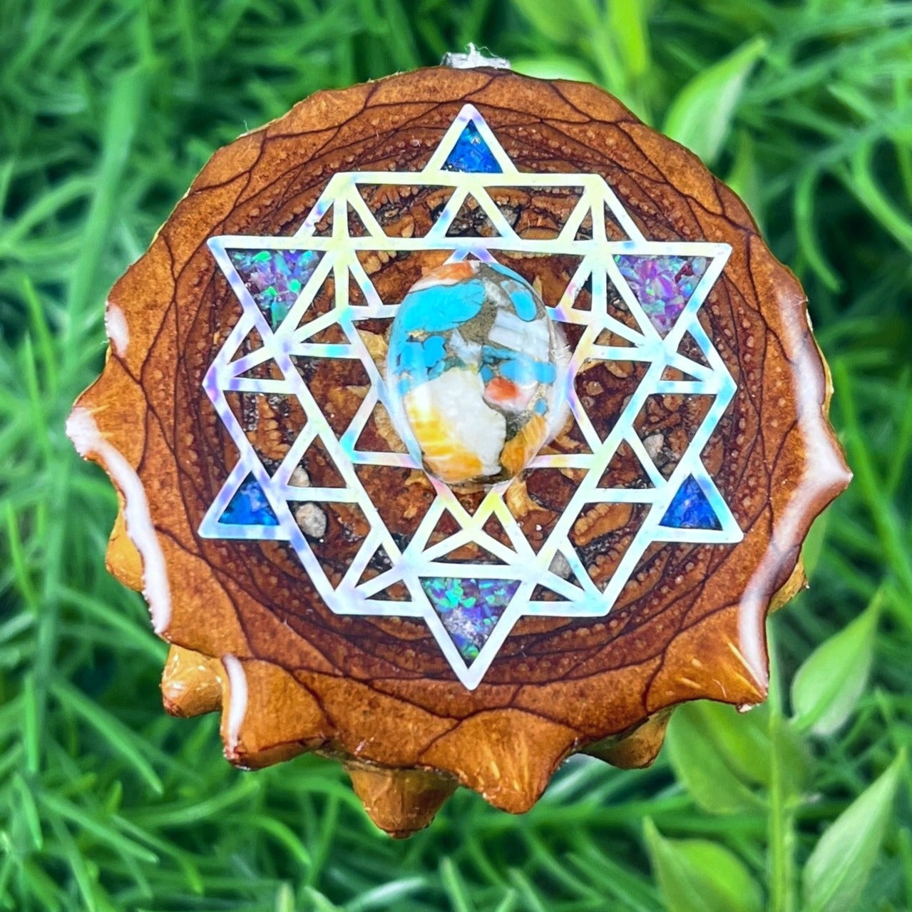 Spiny Oyster Turquoise with Crushed Opal & 64 Star Tetrahedron - Aura Pinecones