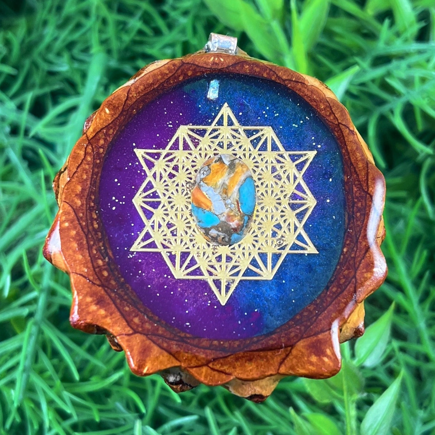 Supernova with Spiny Oyster Turquoise & 64 Star Tetrahedron - Aura Pinecones