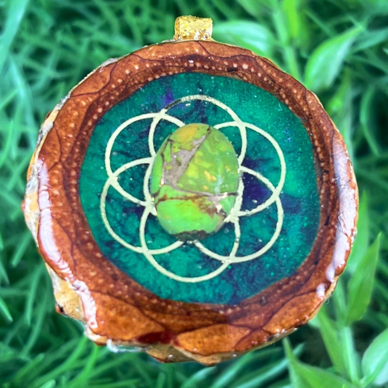 Galaxy with Green Copper Turquoise & Seed of Life