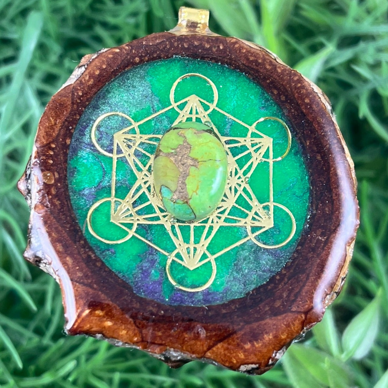 Galaxy with Green Copper Turquoise and Metatron's Cube