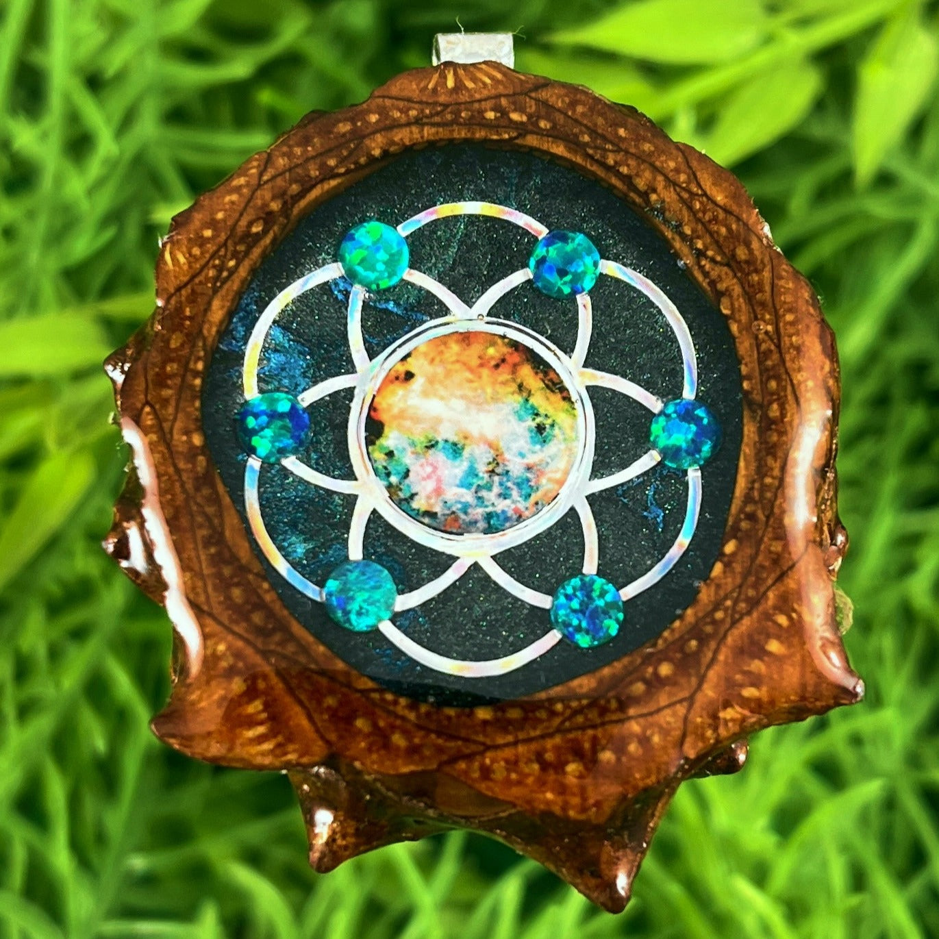 Night Sky with Dichroic Glass & Opal with Seed of Life