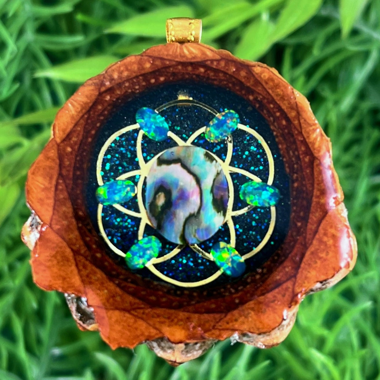 Night Sky with Abalone Shell & Opal with Seed of Life